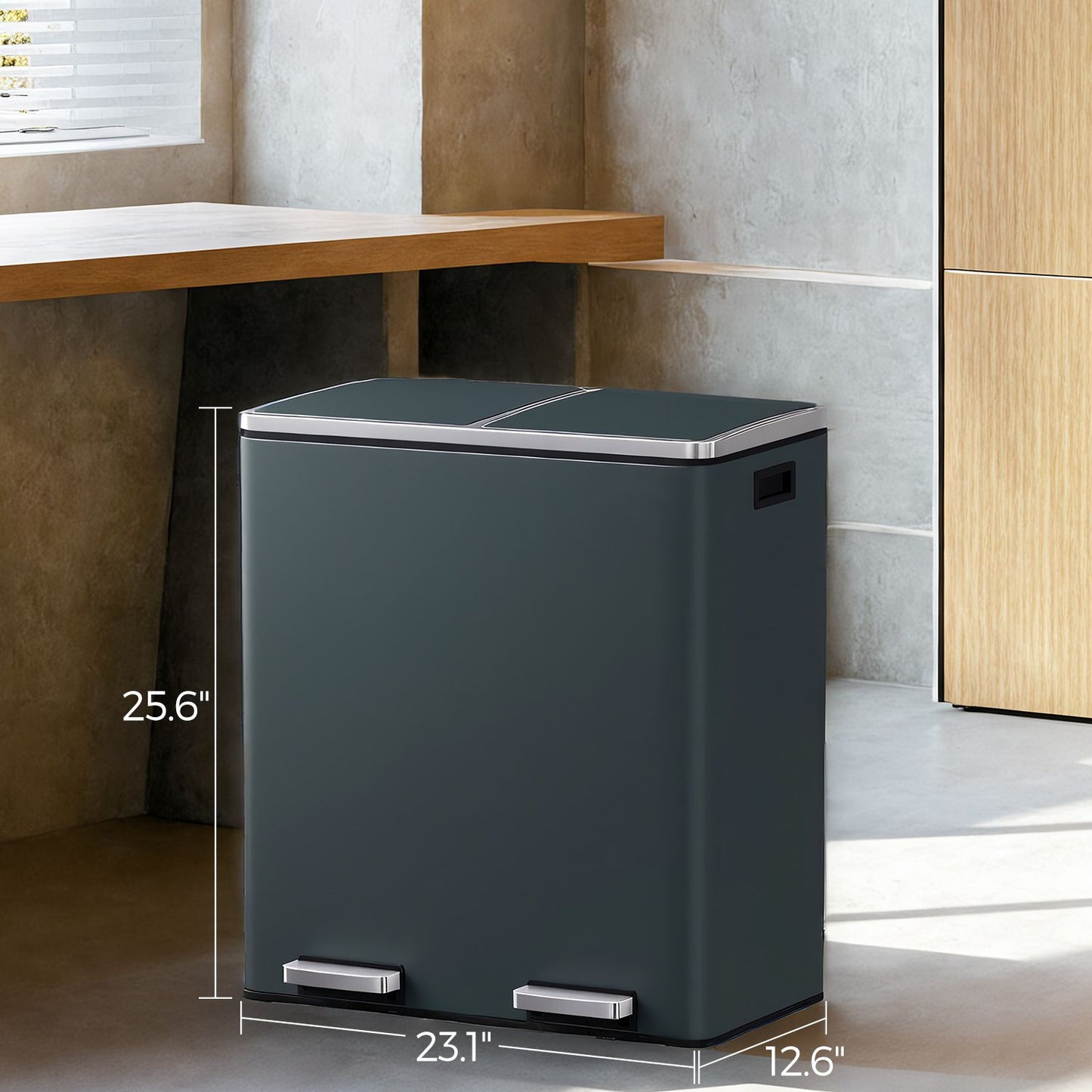 SONGMICS Dual Compartment Kitchen Trash Can with Airtight Hinged Lids – Greenish-Gray