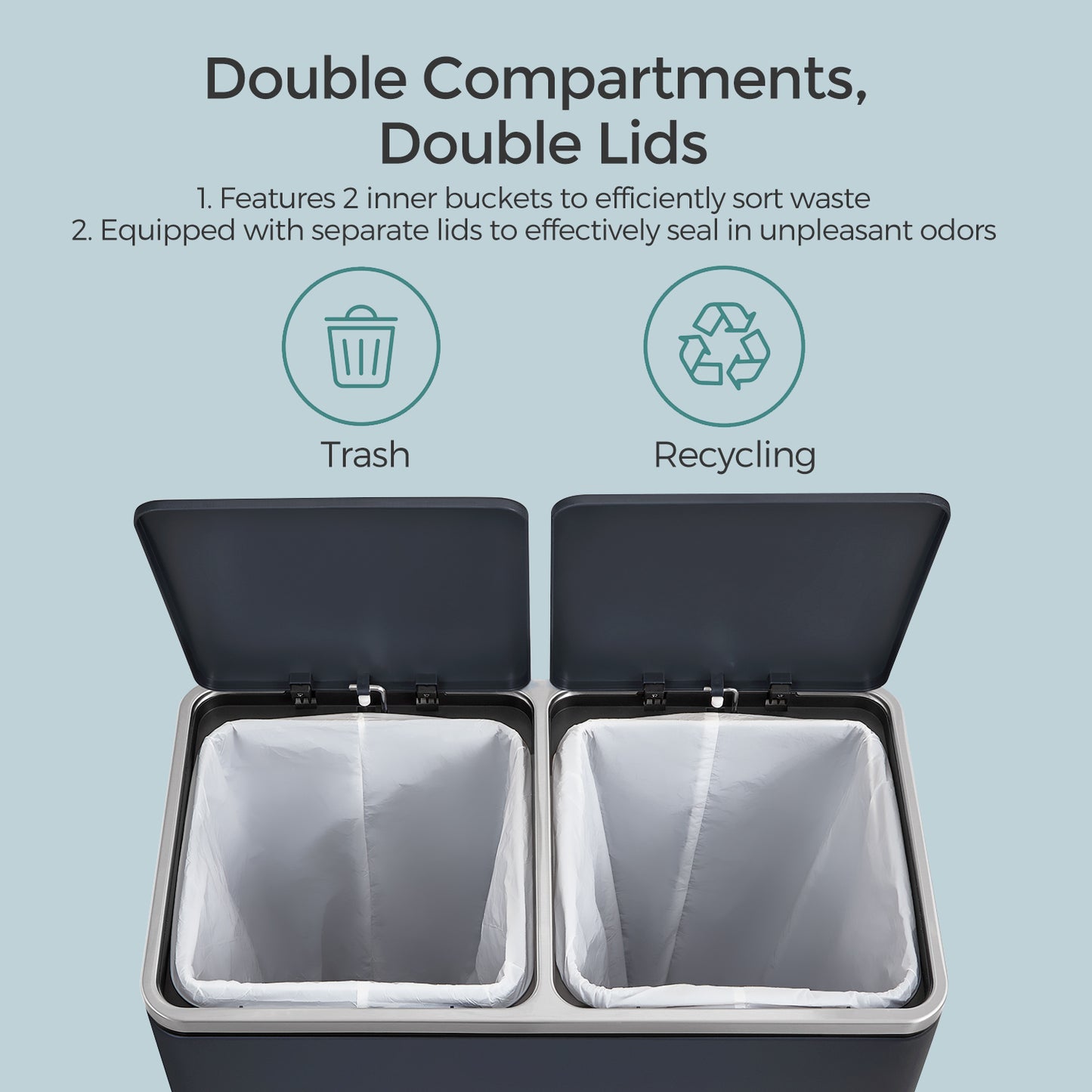 SONGMICS Dual Compartment Kitchen Trash Can with Airtight Hinged Lids – Greenish-Gray
