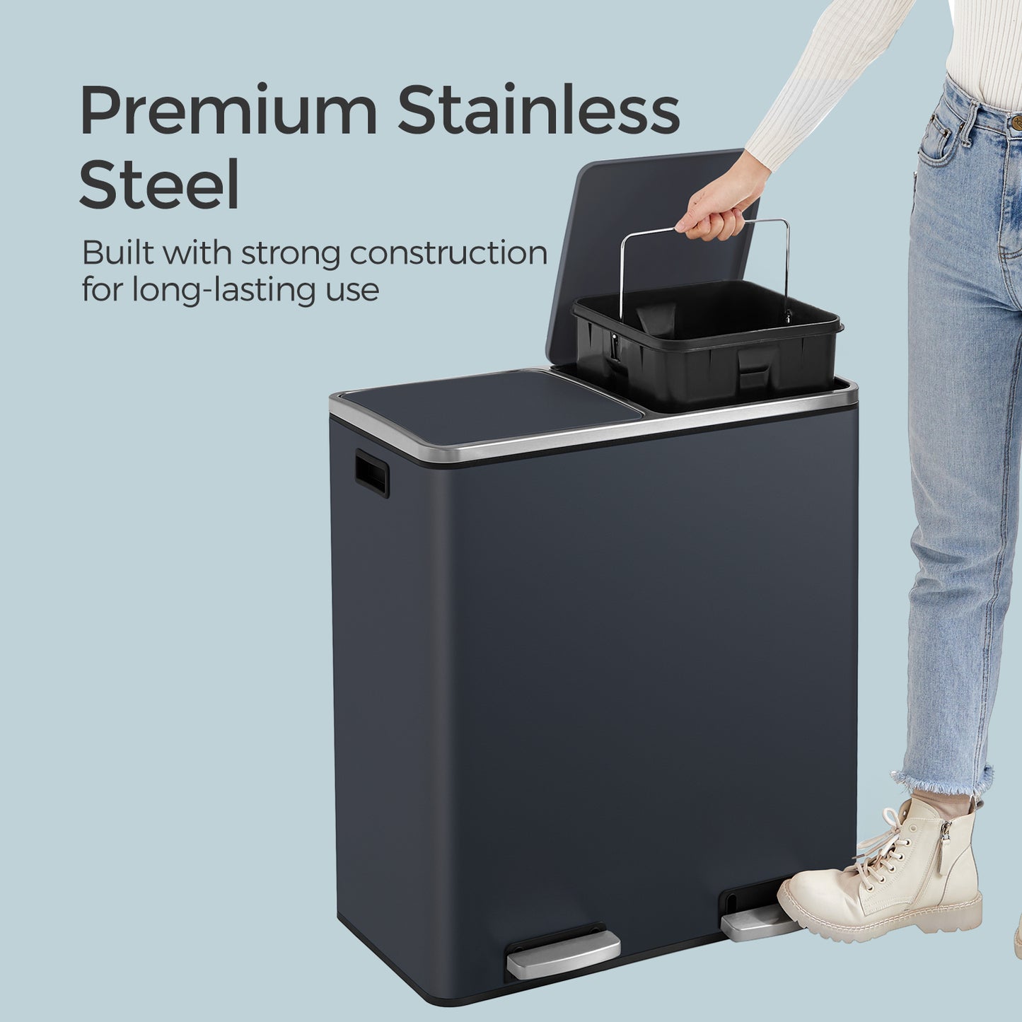 SONGMICS Dual Compartment Kitchen Trash Can with Airtight Hinged Lids – Greenish-Gray