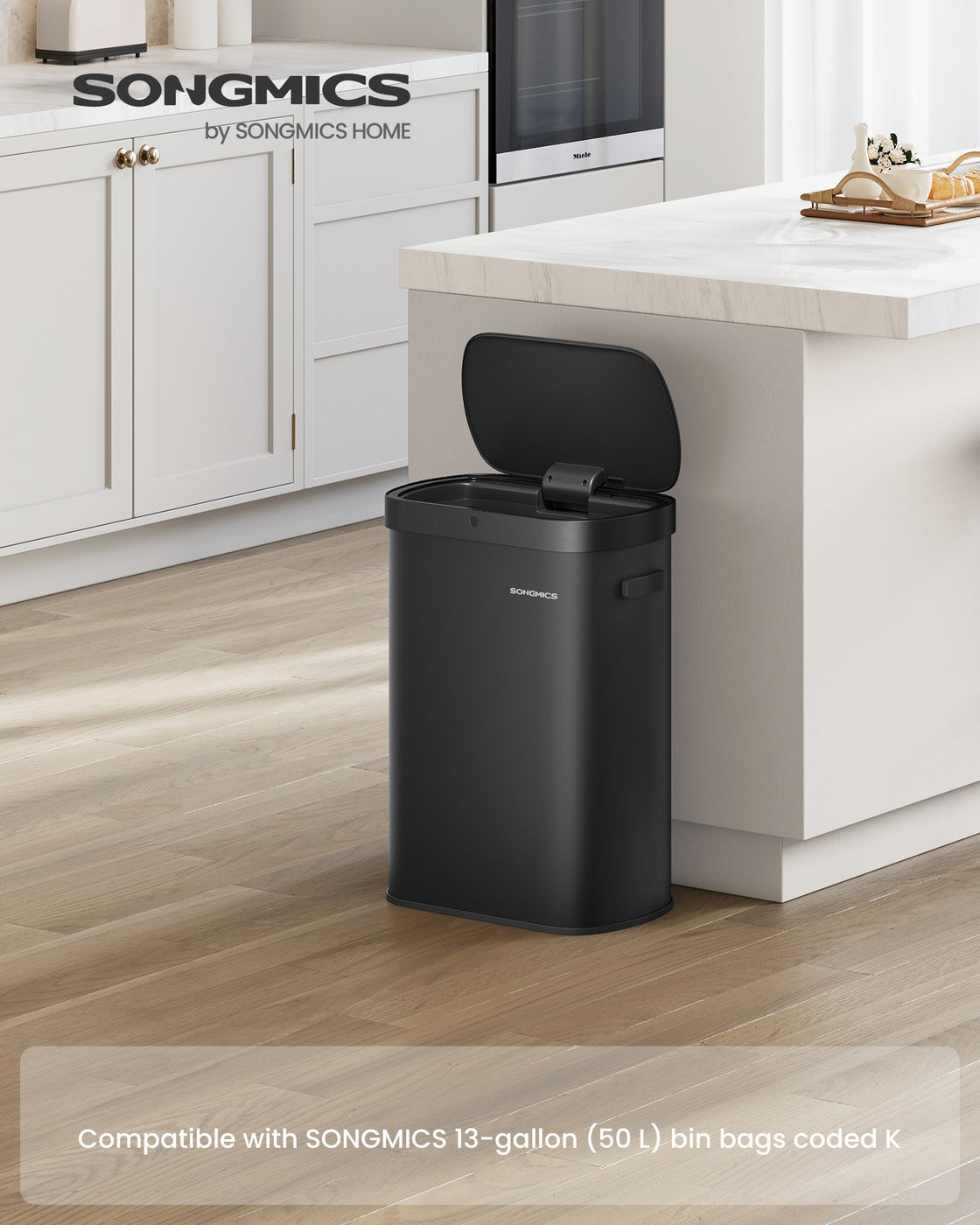SONGMICS 13-Gallon Motion Sensor Trash Can, Soft Close, Dual Open, Stainless Steel, Ink Black