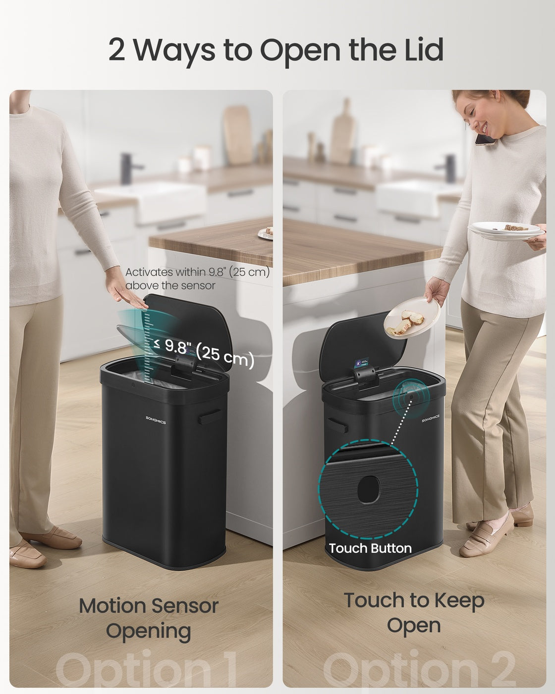 SONGMICS 13-Gallon Motion Sensor Trash Can, Soft Close, Dual Open, Stainless Steel, Ink Black
