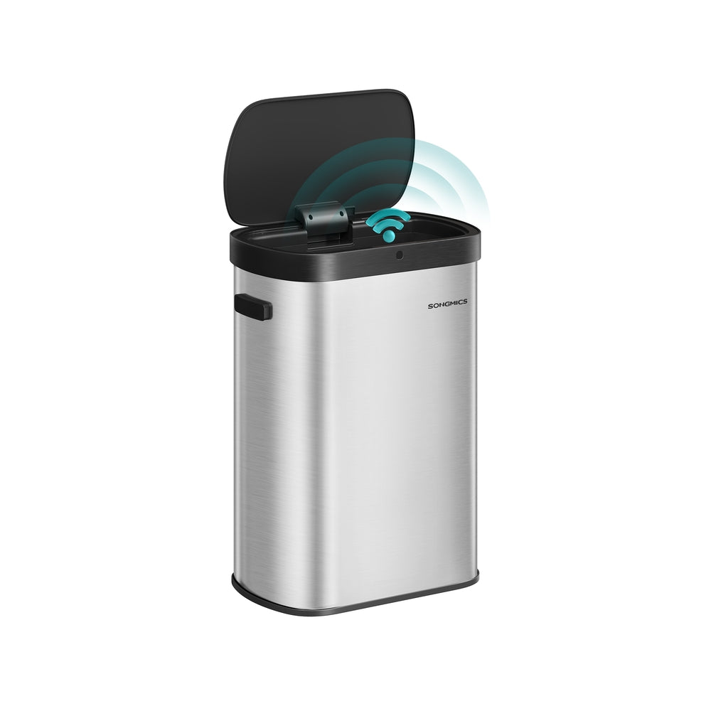 SONGMICS 13-Gallon Motion Sensor Trash Can, Stainless Steel, Soft Close, Dual Open, Silver & Black – Metallic Silver, Ink Black
