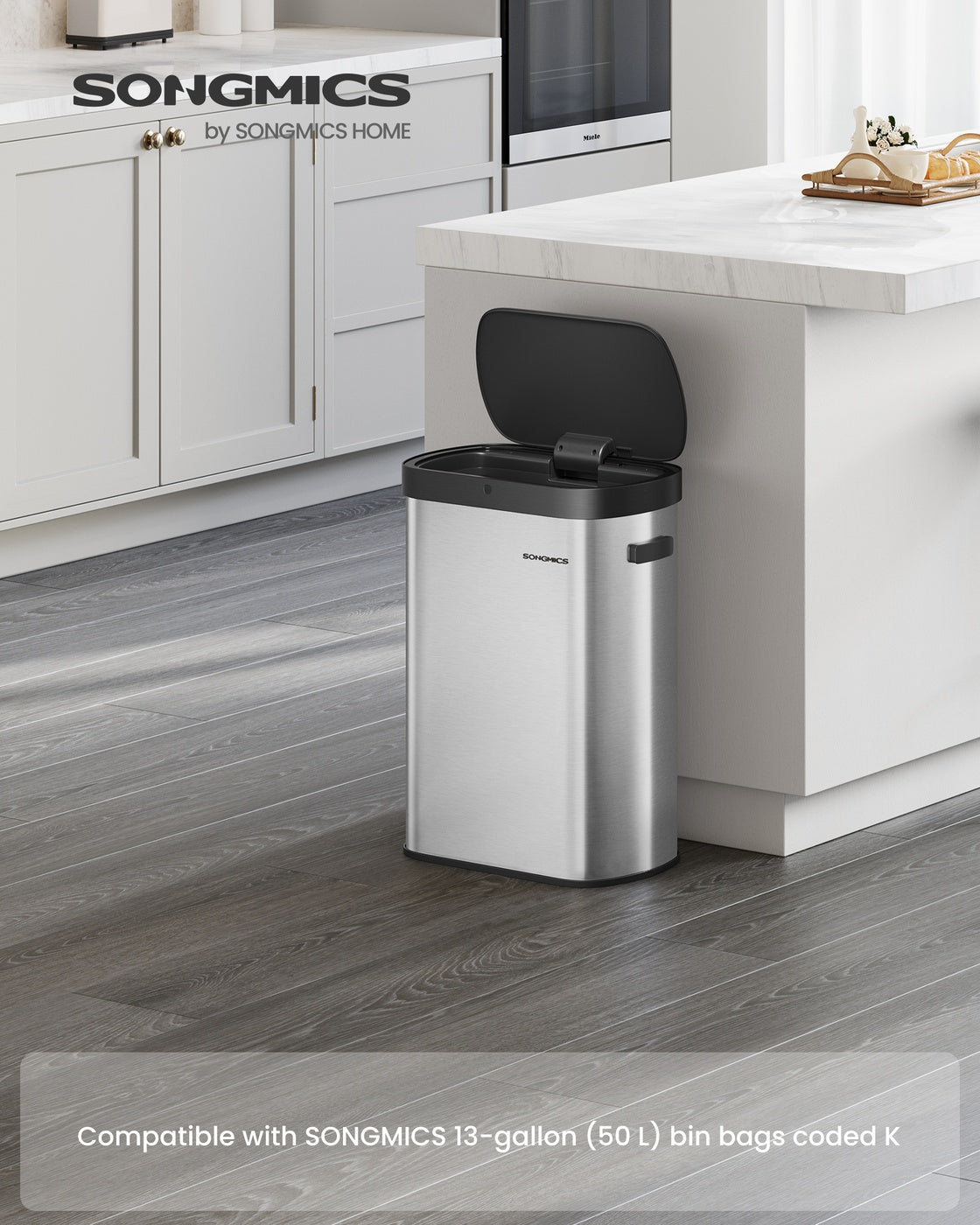 SONGMICS 13-Gallon Motion Sensor Trash Can, Stainless Steel, Soft Close, Dual Open, Silver & Black – Metallic Silver, Ink Black