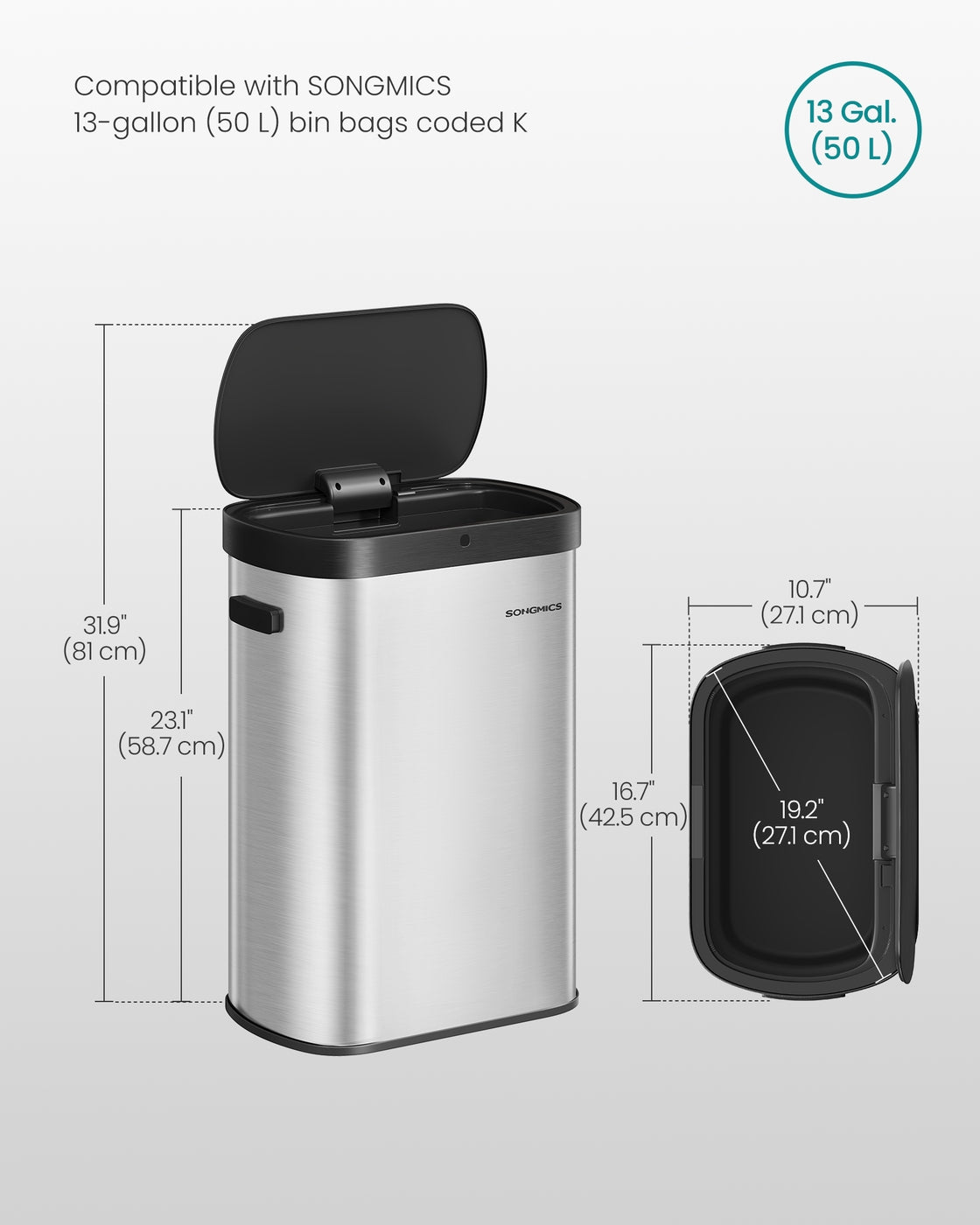 SONGMICS 13-Gallon Motion Sensor Trash Can, Stainless Steel, Soft Close, Dual Open, Silver & Black – Metallic Silver, Ink Black