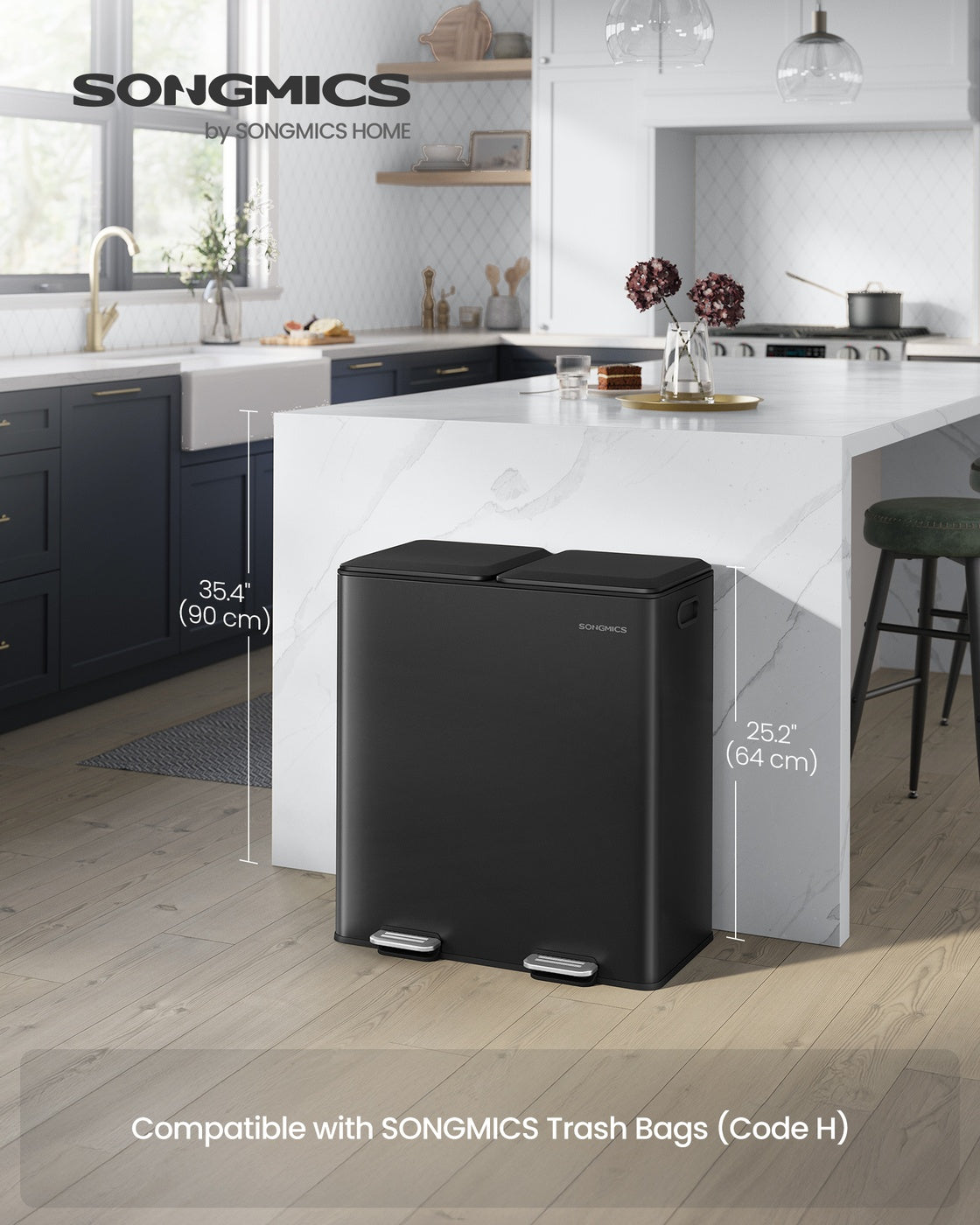 SONGMICS 2 X 30 L Double Garbage Can with Soft-Close Lids and Removable Inner Buckets Ink Black