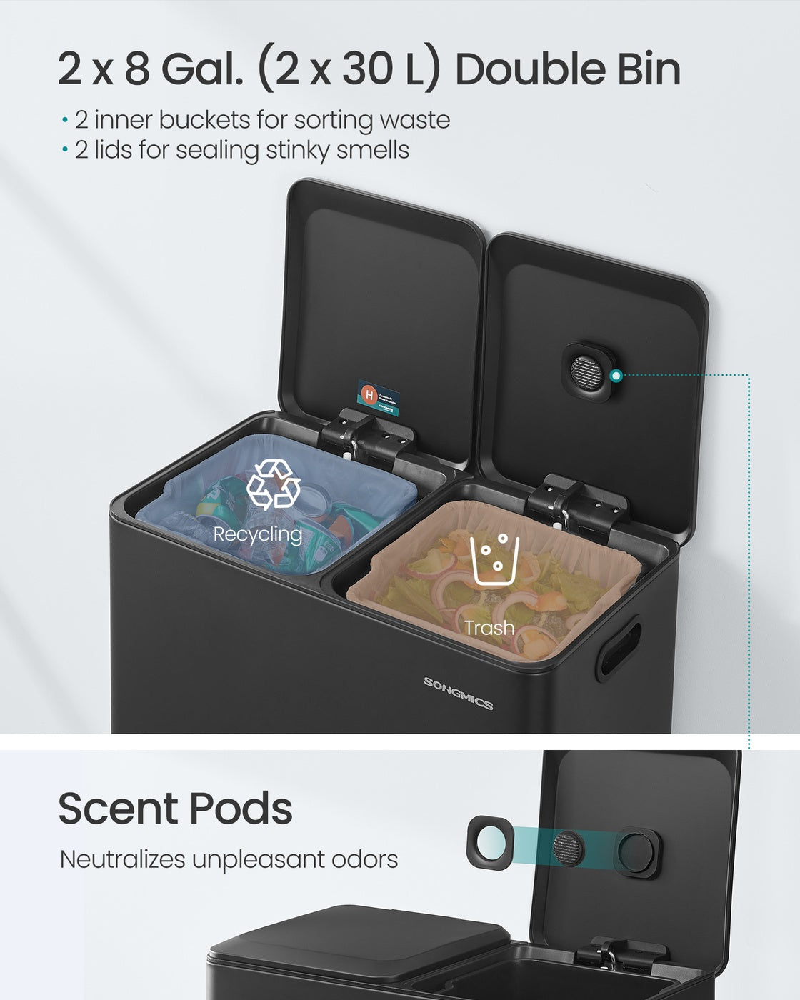 SONGMICS 2 X 30 L Double Garbage Can with Soft-Close Lids and Removable Inner Buckets Ink Black
