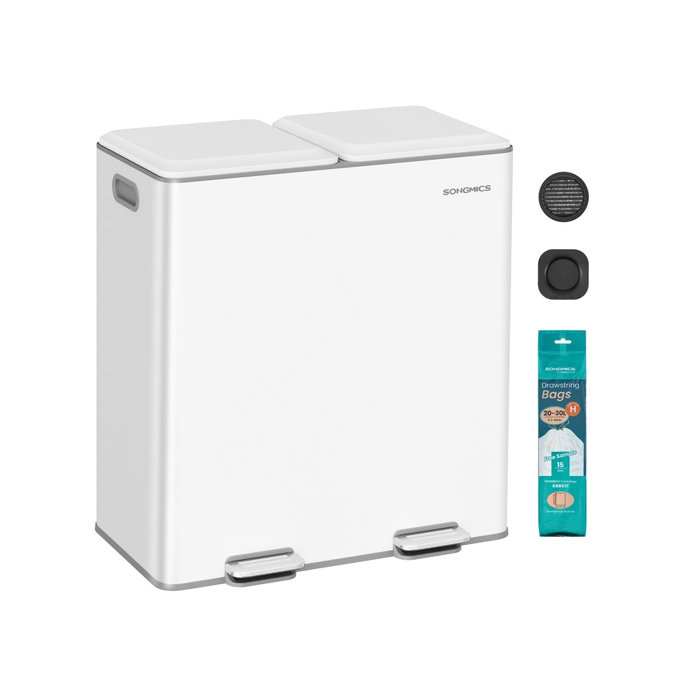 SONGMICS 2 X 30 L Double Garbage Can with Soft-Close Lids and Removable Inner Buckets Cloud White