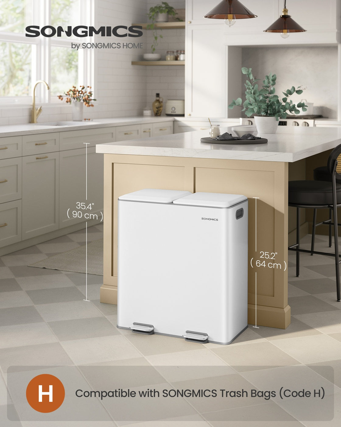 SONGMICS 2 X 30 L Double Garbage Can with Soft-Close Lids and Removable Inner Buckets Cloud White