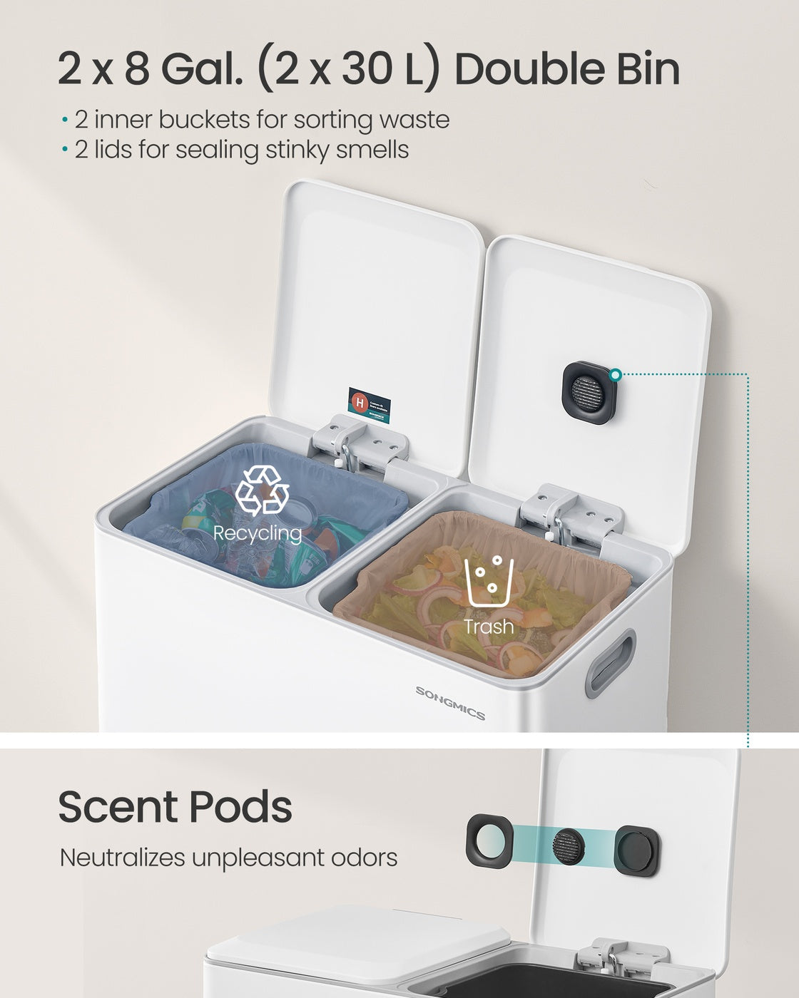 SONGMICS 2 X 30 L Double Garbage Can with Soft-Close Lids and Removable Inner Buckets Cloud White