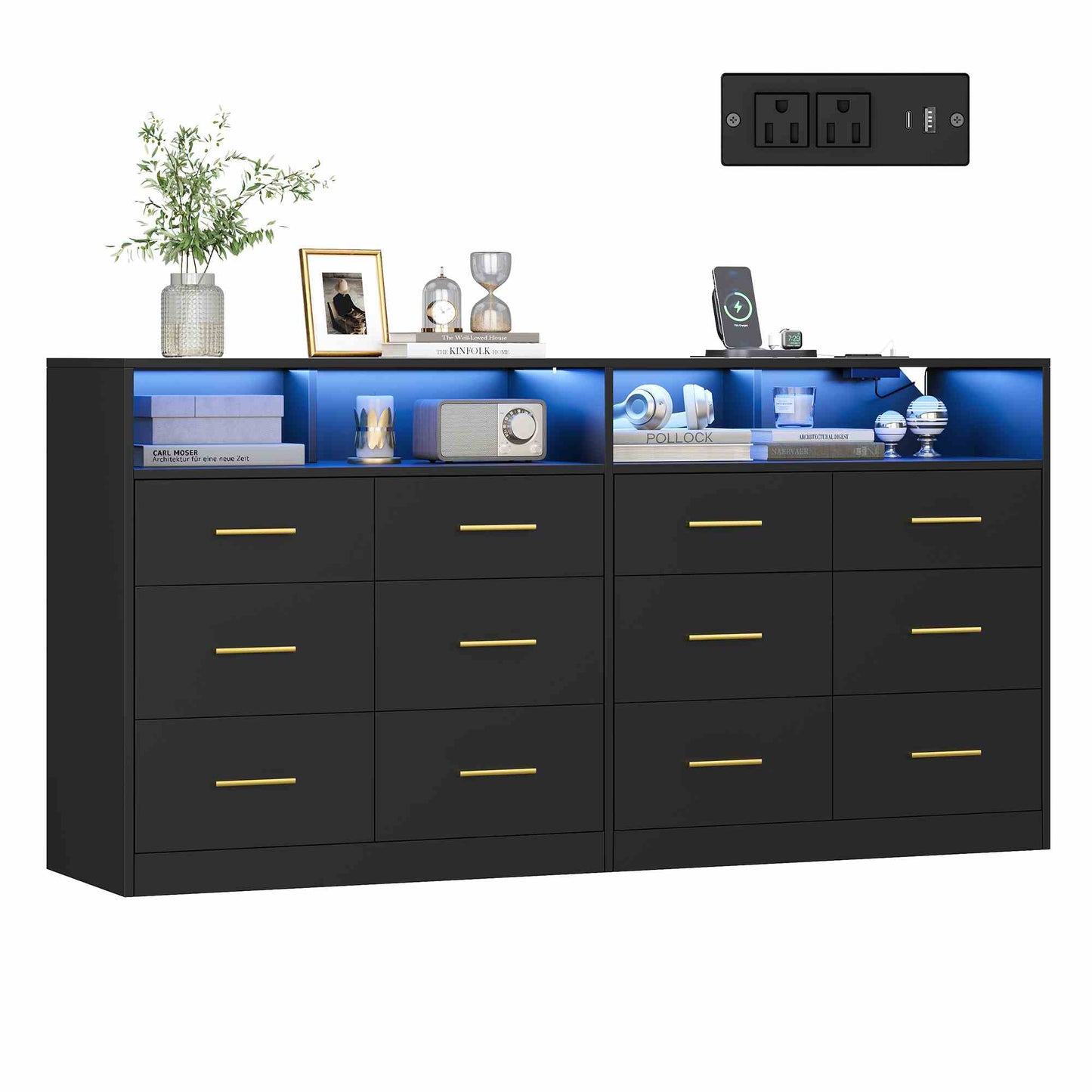 SONGMICS Dresser for Bedroom, LED Lights, Power Strip, 12 Drawers, Ink Black, 15.8 X 63 X 32 in