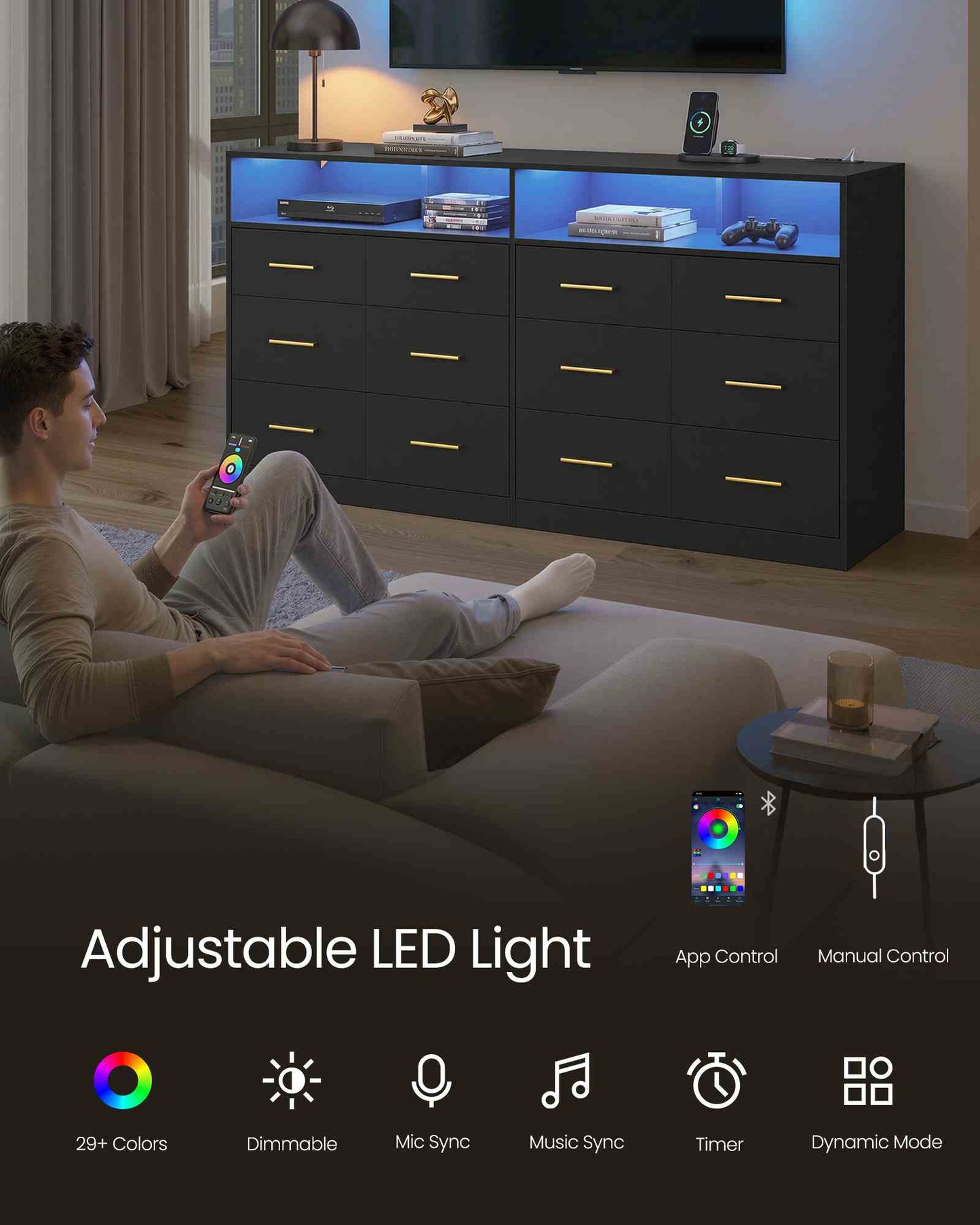 SONGMICS Dresser for Bedroom, LED Lights, Power Strip, 12 Drawers, Ink Black, 15.8 X 63 X 32 in