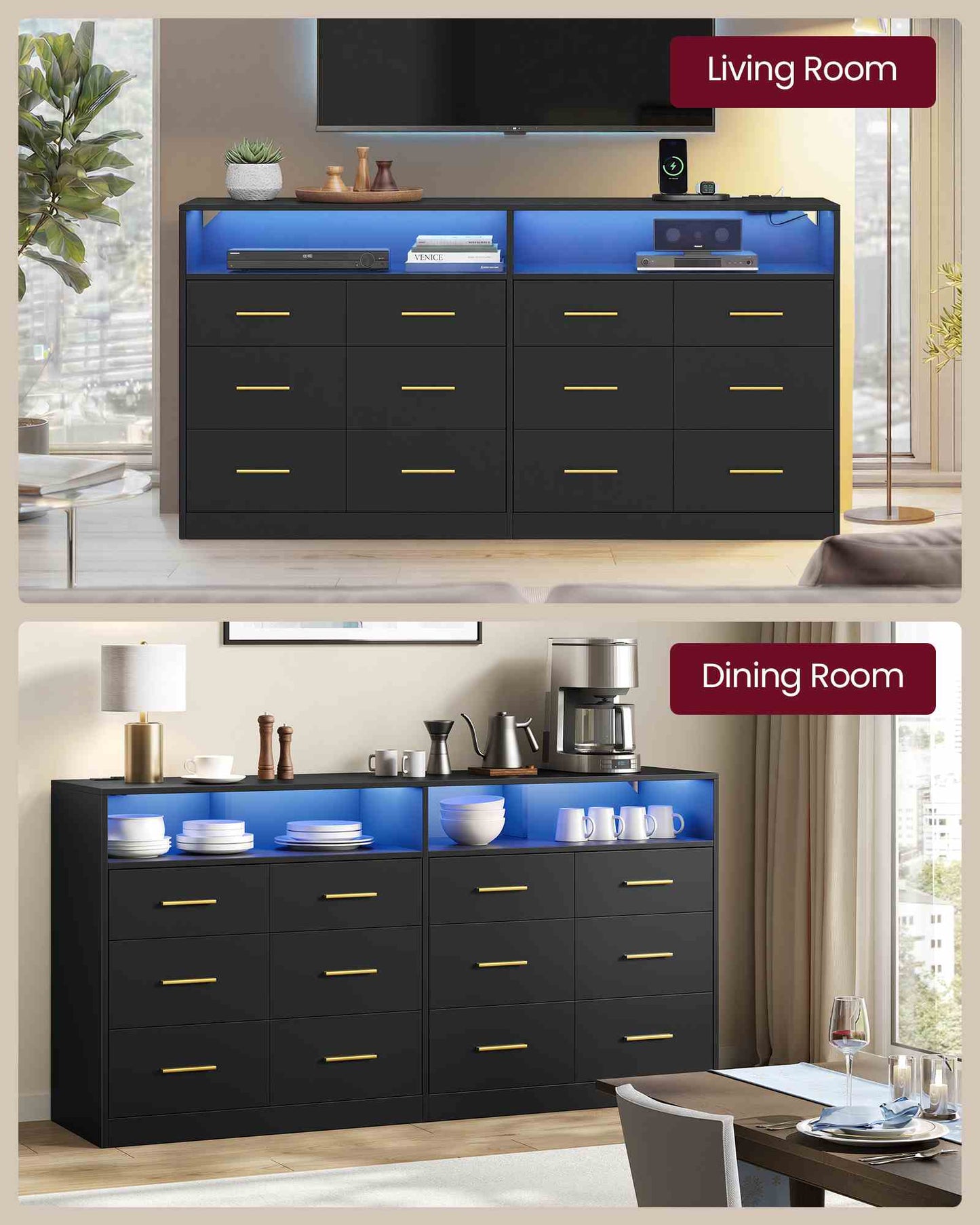 SONGMICS Dresser for Bedroom, LED Lights, Power Strip, 12 Drawers, Ink Black, 15.8 X 63 X 32 in