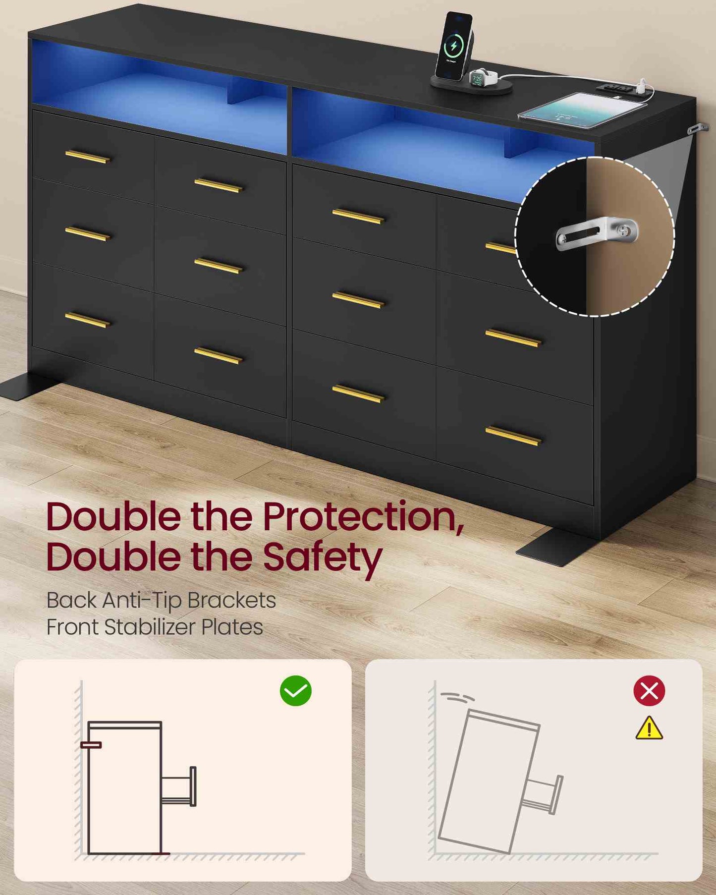 SONGMICS Dresser for Bedroom, LED Lights, Power Strip, 12 Drawers, Ink Black, 15.8 X 63 X 32 in