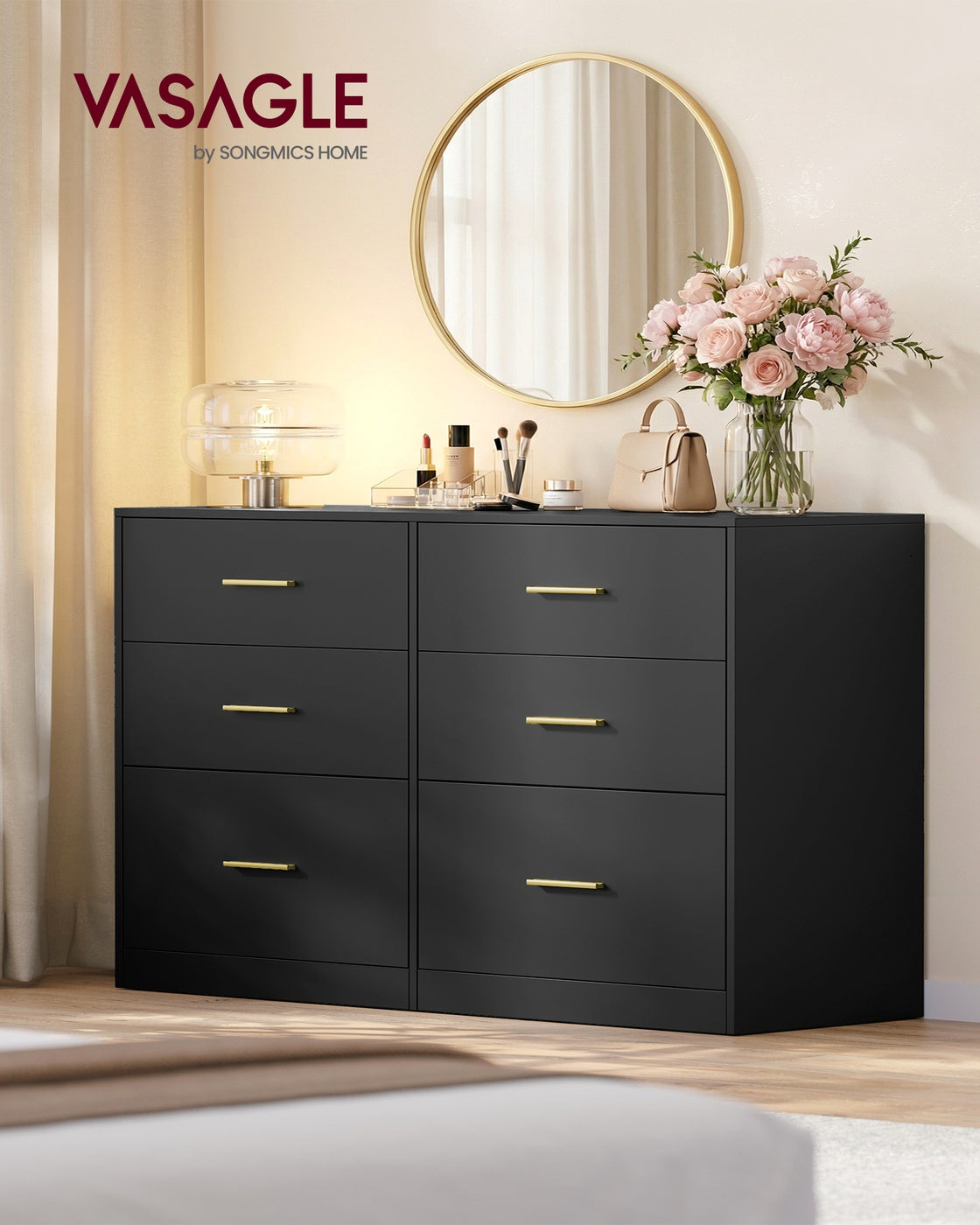 VASAGLE Custos Dresser, 6-Drawer Chest, 15.8 X 46.9 X 30.7 Inches, Ink Black – Cloud White