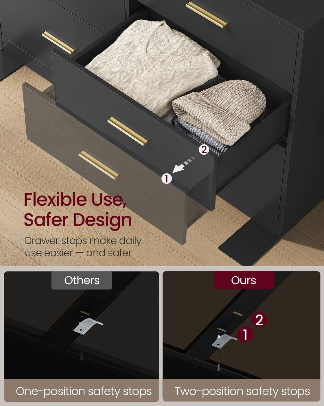VASAGLE Custos Dresser, 6-Drawer Chest, 15.8 X 46.9 X 30.7 Inches, Ink Black – Cloud White