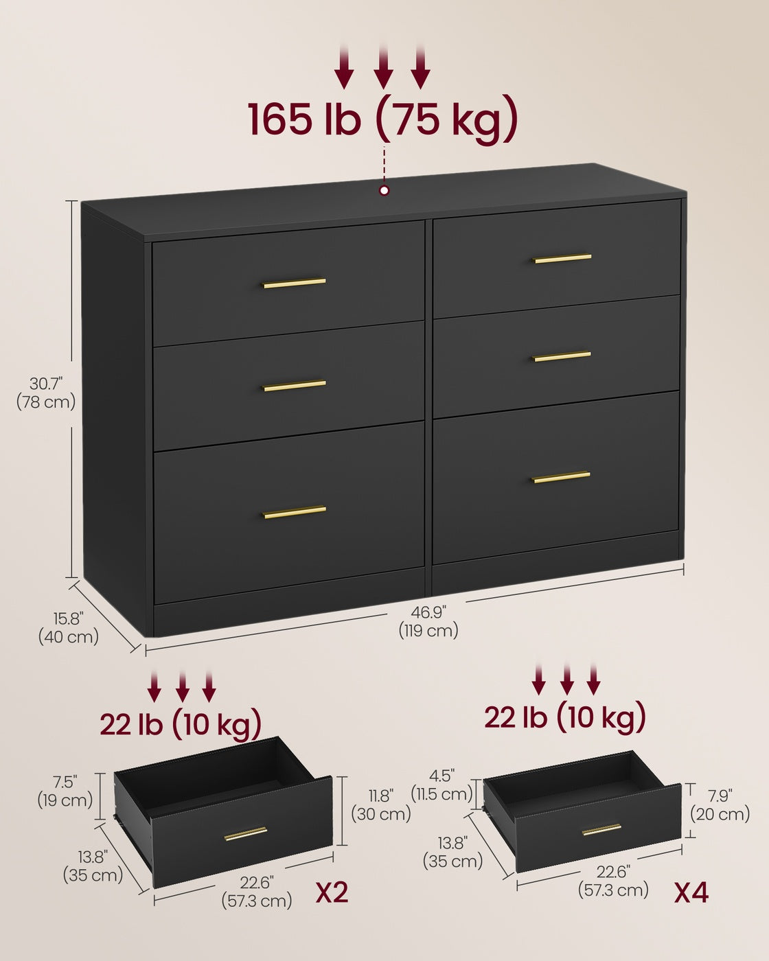 VASAGLE Custos Dresser, 6-Drawer Chest, 15.8 X 46.9 X 30.7 Inches, Ink Black – Cloud White