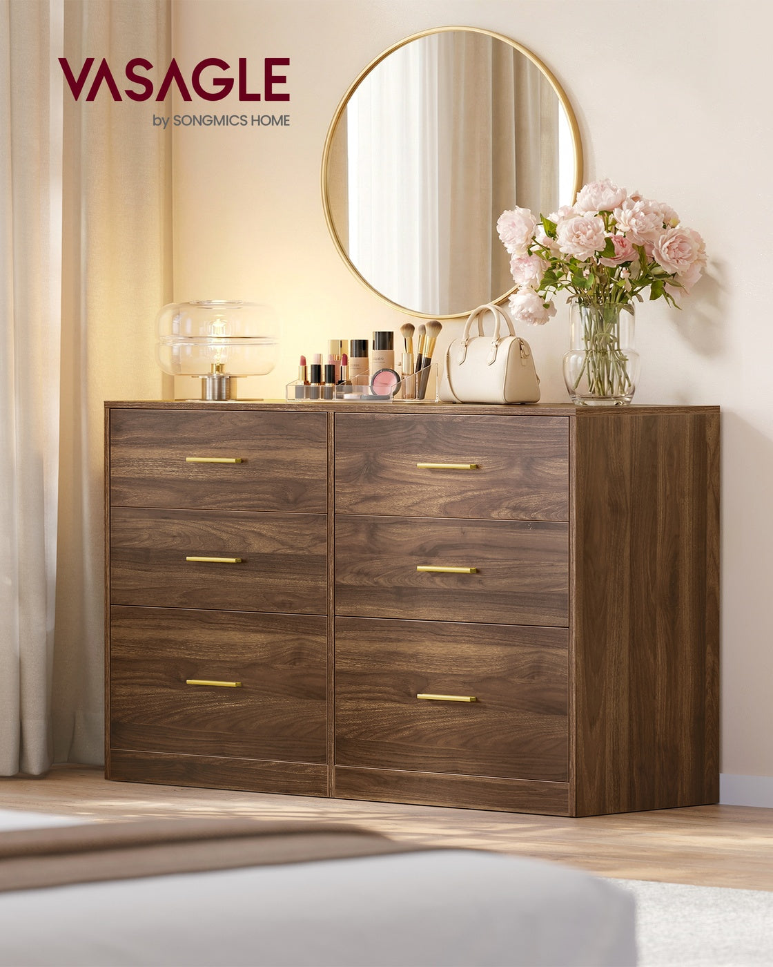 VASAGLE Custos Dresser, 6-Drawer Chest, 15.8 X 46.9 X 30.7 Inches, Walnut Brown – Cloud White
