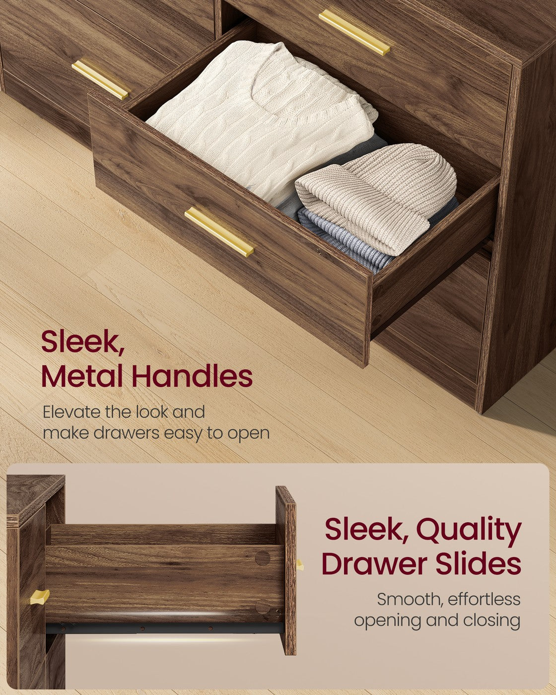 VASAGLE Custos Dresser, 6-Drawer Chest, 15.8 X 46.9 X 30.7 Inches, Walnut Brown – Cloud White