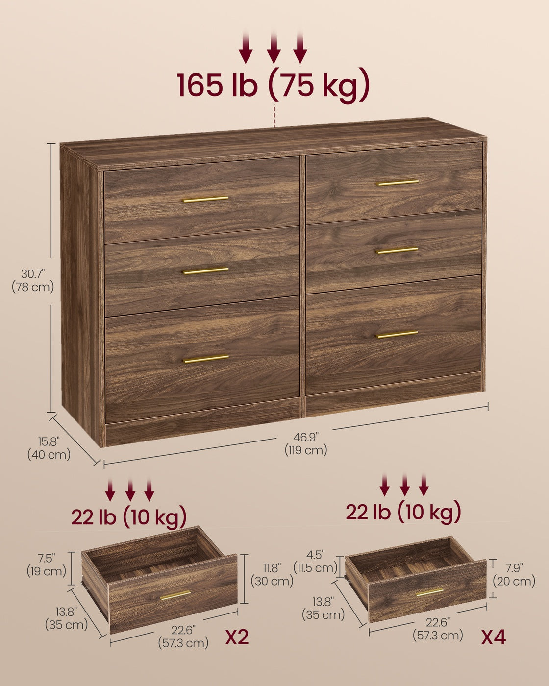 VASAGLE Custos Dresser, 6-Drawer Chest, 15.8 X 46.9 X 30.7 Inches, Walnut Brown – Cloud White