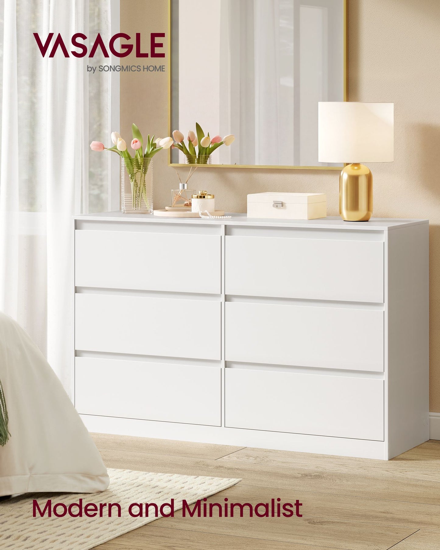 VASAGLE Modern Six Drawer Bedroom Dresser in Snow White – Matte White