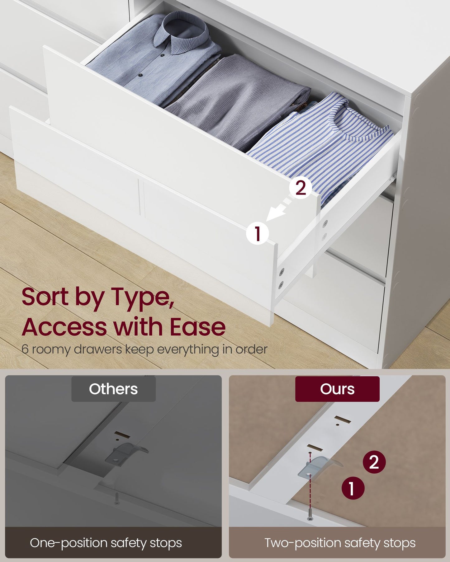 VASAGLE Modern Six Drawer Bedroom Dresser in Snow White – Matte White