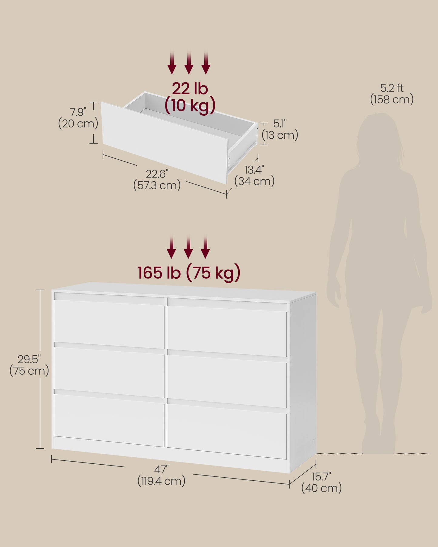 VASAGLE Modern Six Drawer Bedroom Dresser in Snow White – Matte White