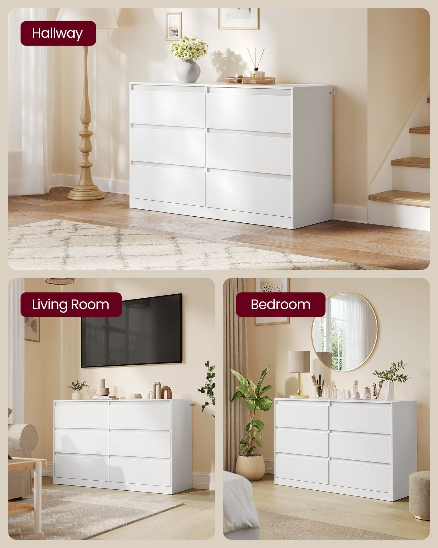 VASAGLE Modern Six Drawer Bedroom Dresser in Snow White – Matte White