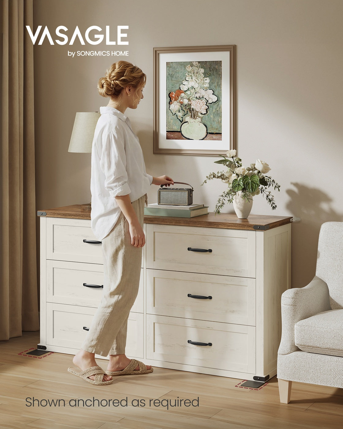 VASAGLE Liry 6-Drawer Dresser – Rustic White