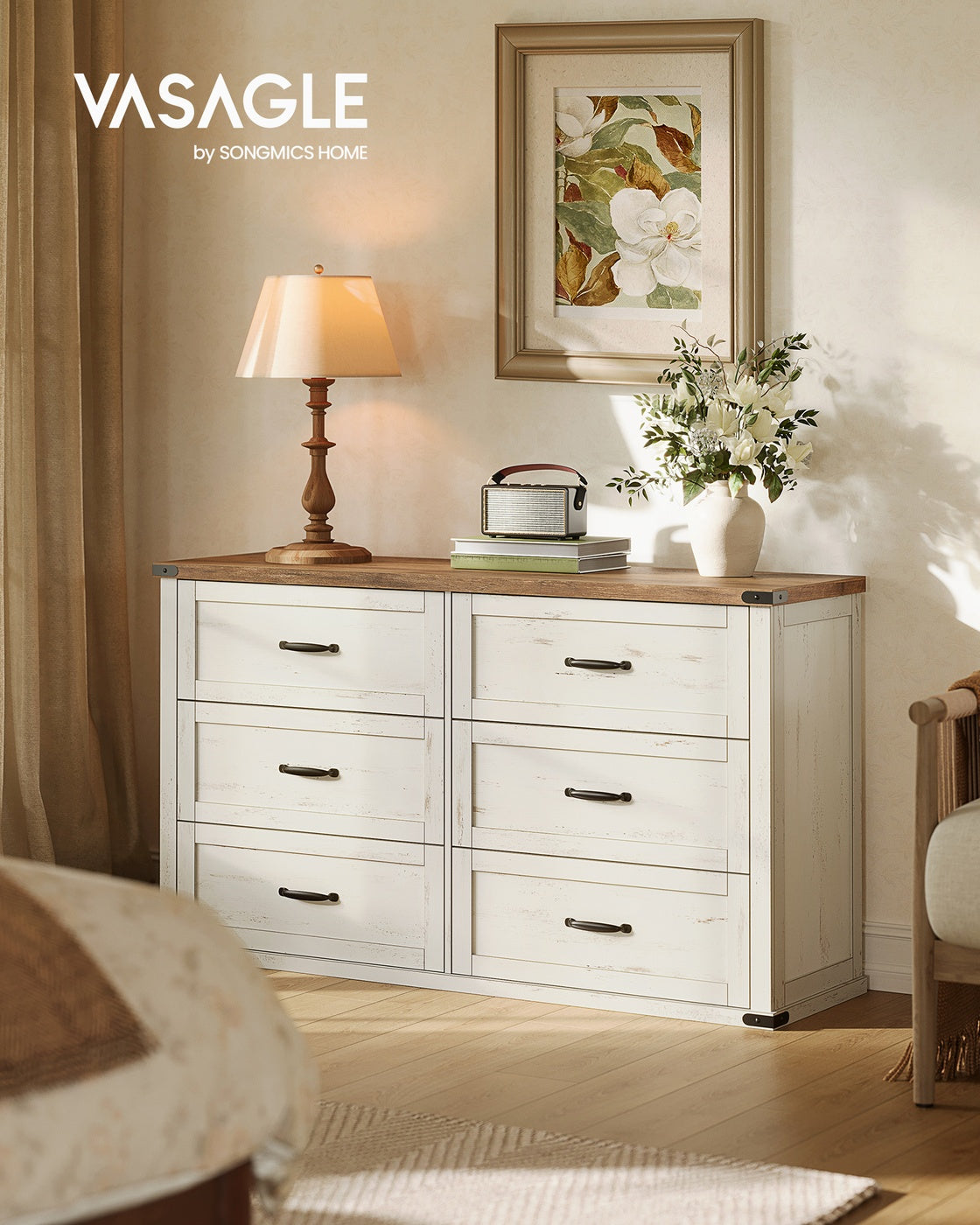 VASAGLE Liry 6-Drawer Dresser – Rustic White