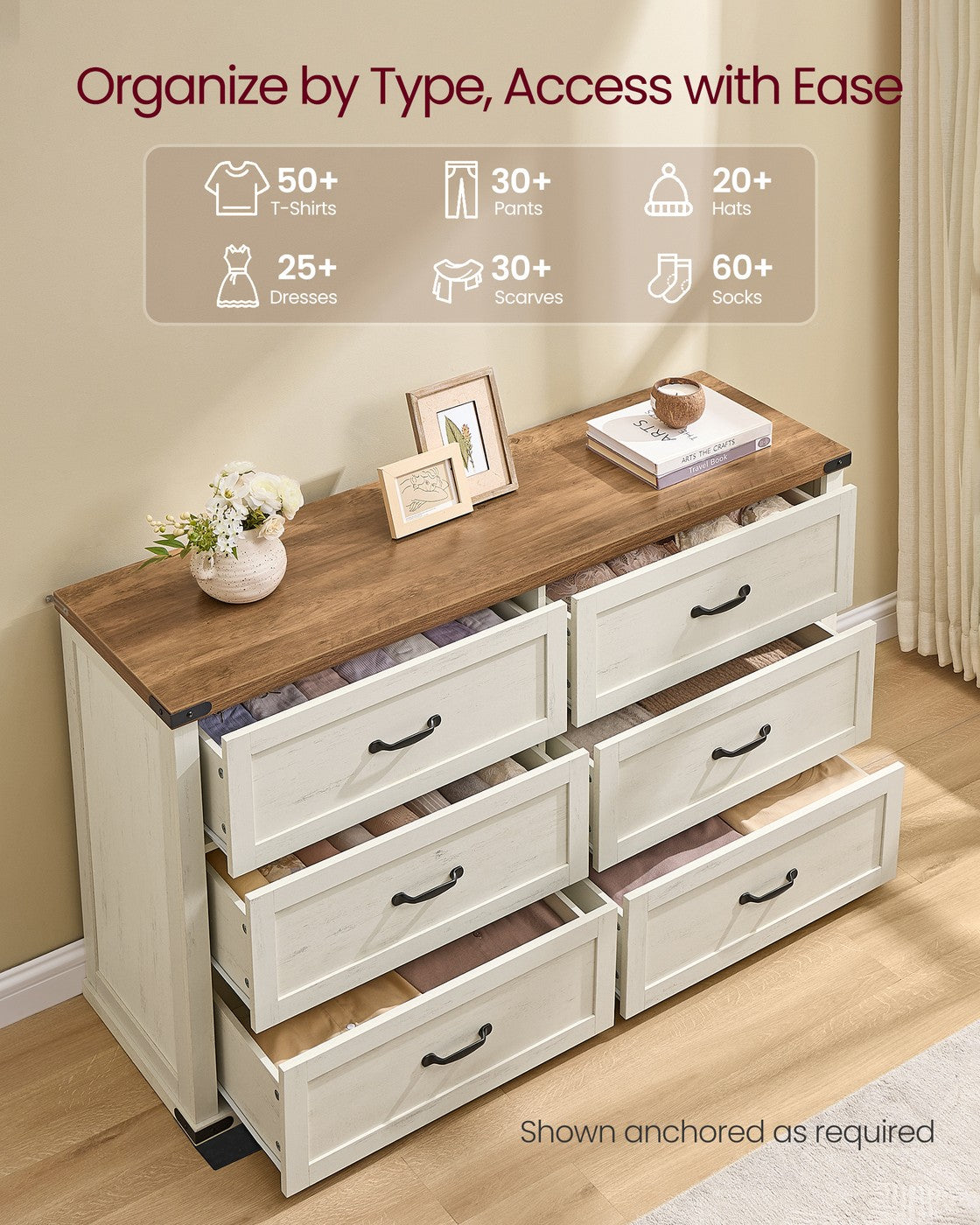 VASAGLE Liry 6-Drawer Dresser – Rustic White