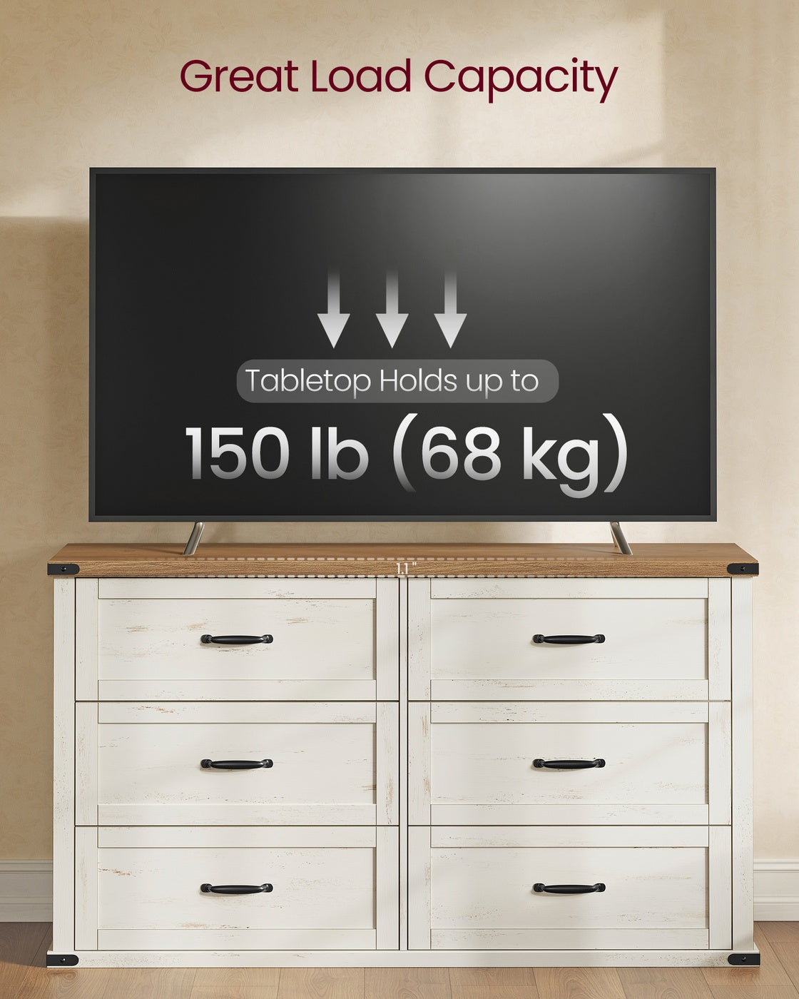 VASAGLE Liry 6-Drawer Dresser – Rustic White