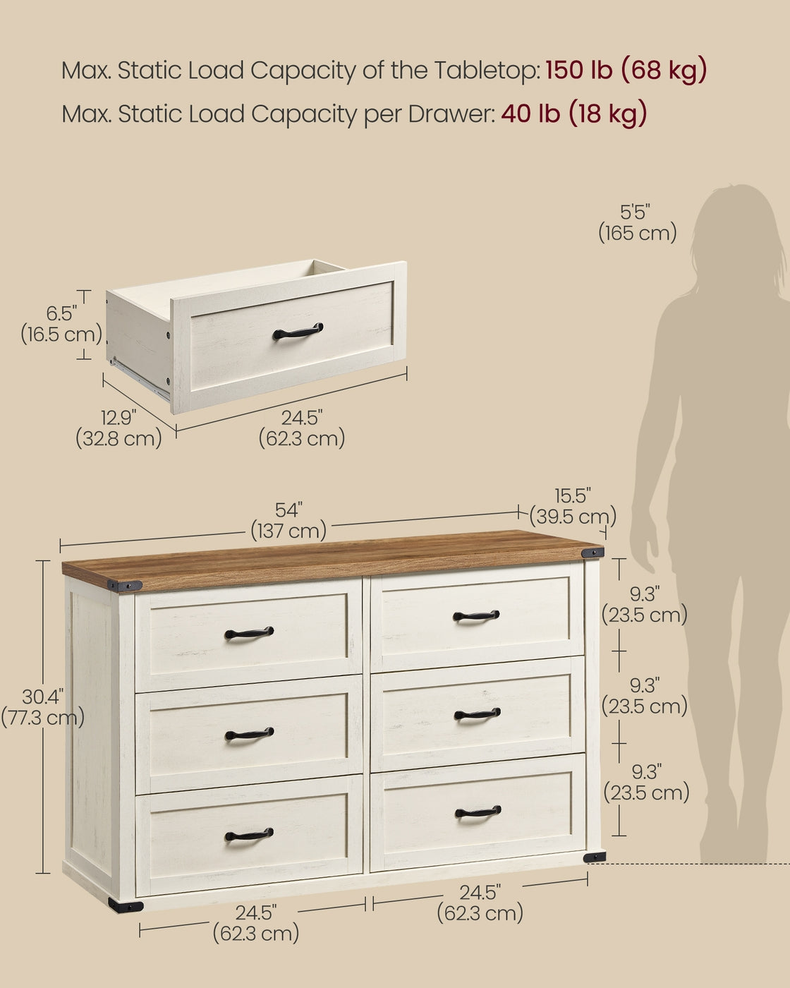 VASAGLE Liry 6-Drawer Dresser – Rustic White