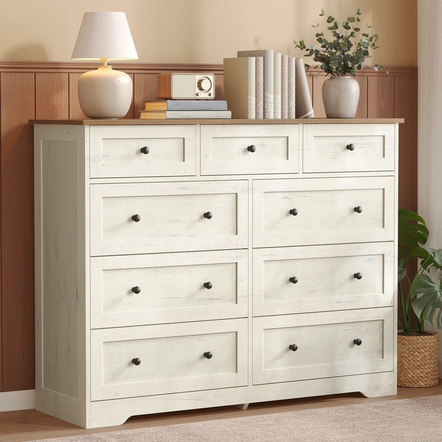 VASAGLE Nine Drawer Dresser with Large Storage Capacity – Cloud White and Warm Brown