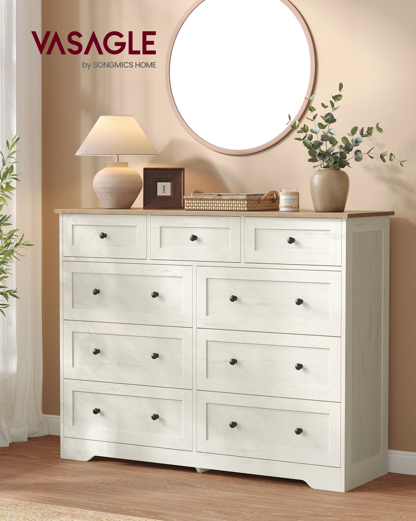 VASAGLE Nine Drawer Dresser with Large Storage Capacity – Cloud White and Warm Brown