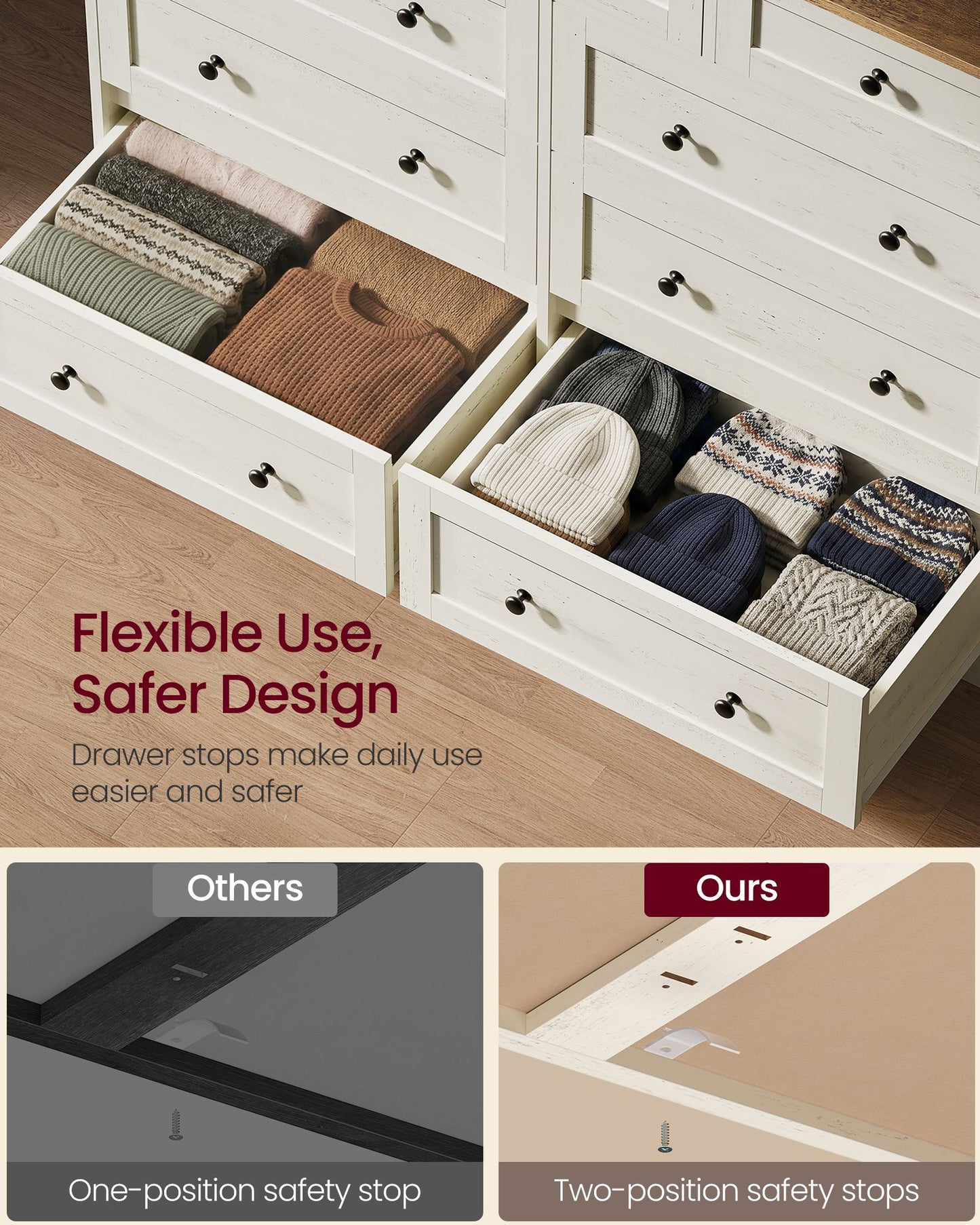 VASAGLE Nine Drawer Dresser with Large Storage Capacity – Cloud White and Warm Brown