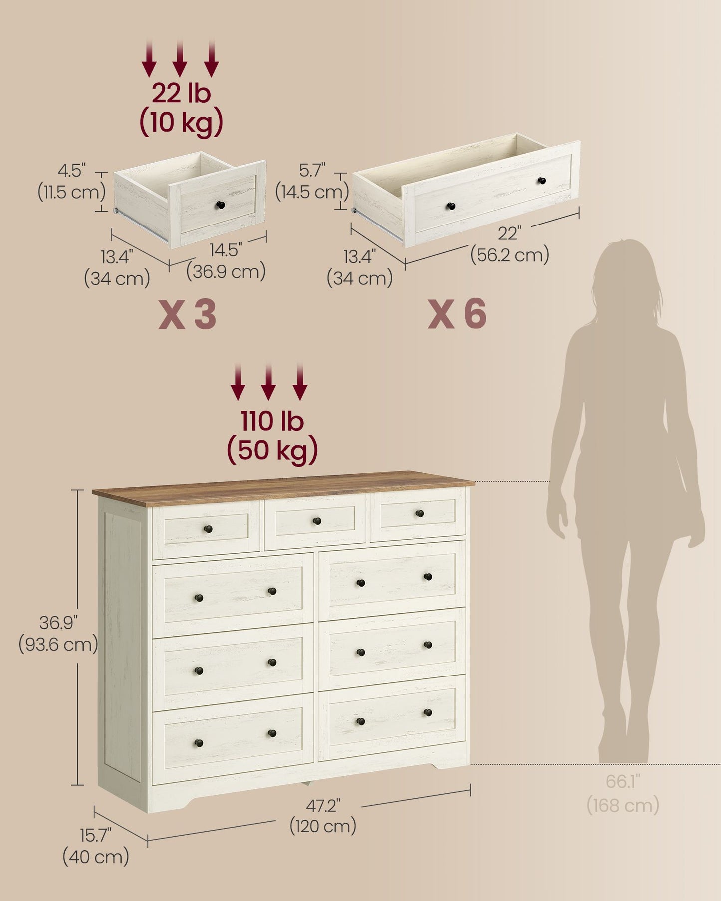 VASAGLE Nine Drawer Dresser with Large Storage Capacity – Cloud White and Warm Brown
