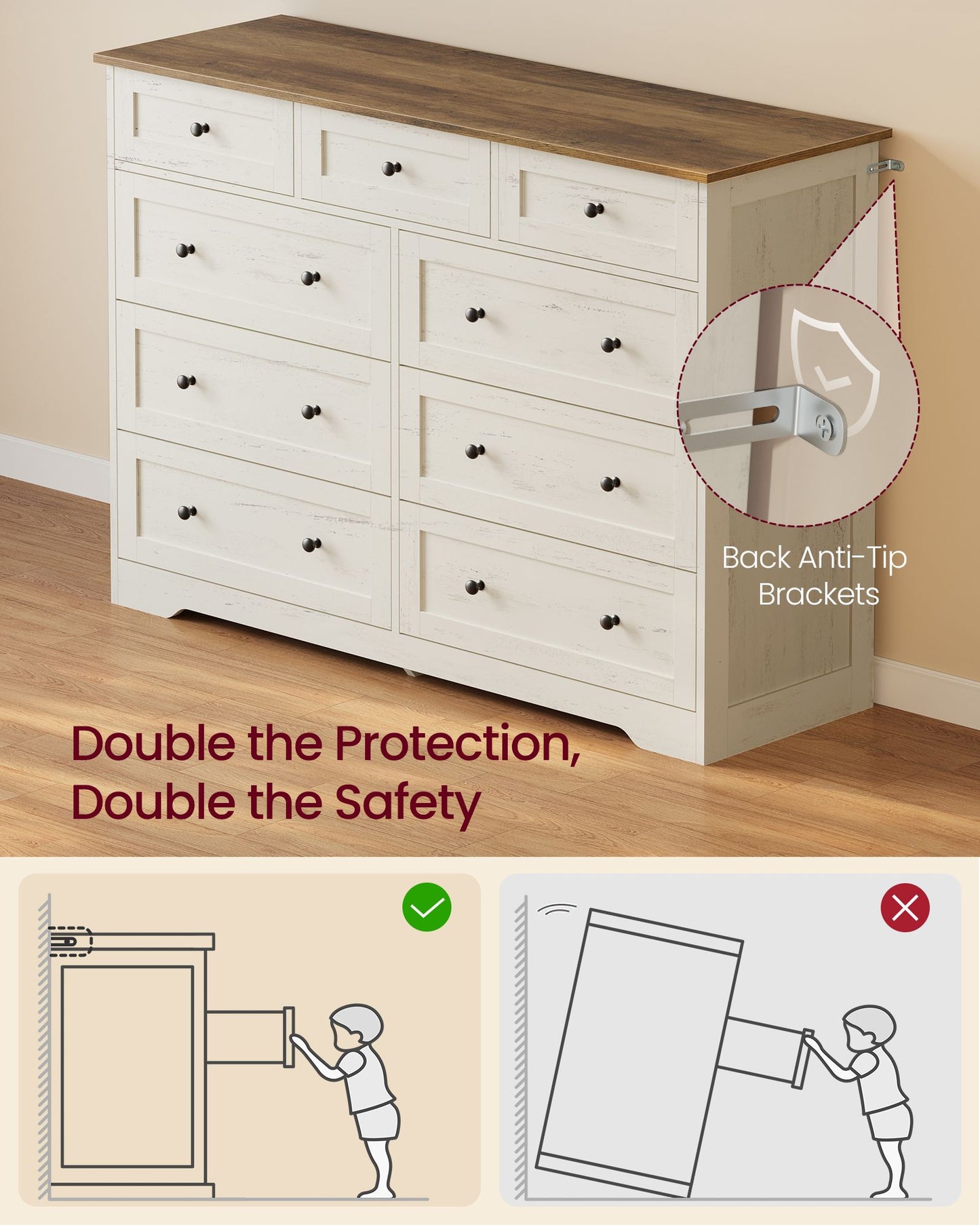 VASAGLE Nine Drawer Dresser with Large Storage Capacity – Cloud White and Warm Brown