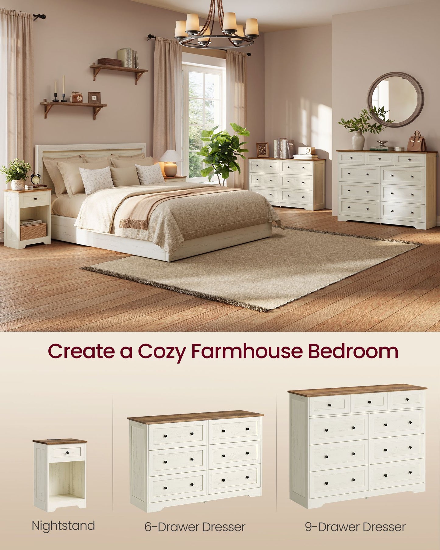 VASAGLE Nine Drawer Dresser with Large Storage Capacity – Cloud White and Warm Brown