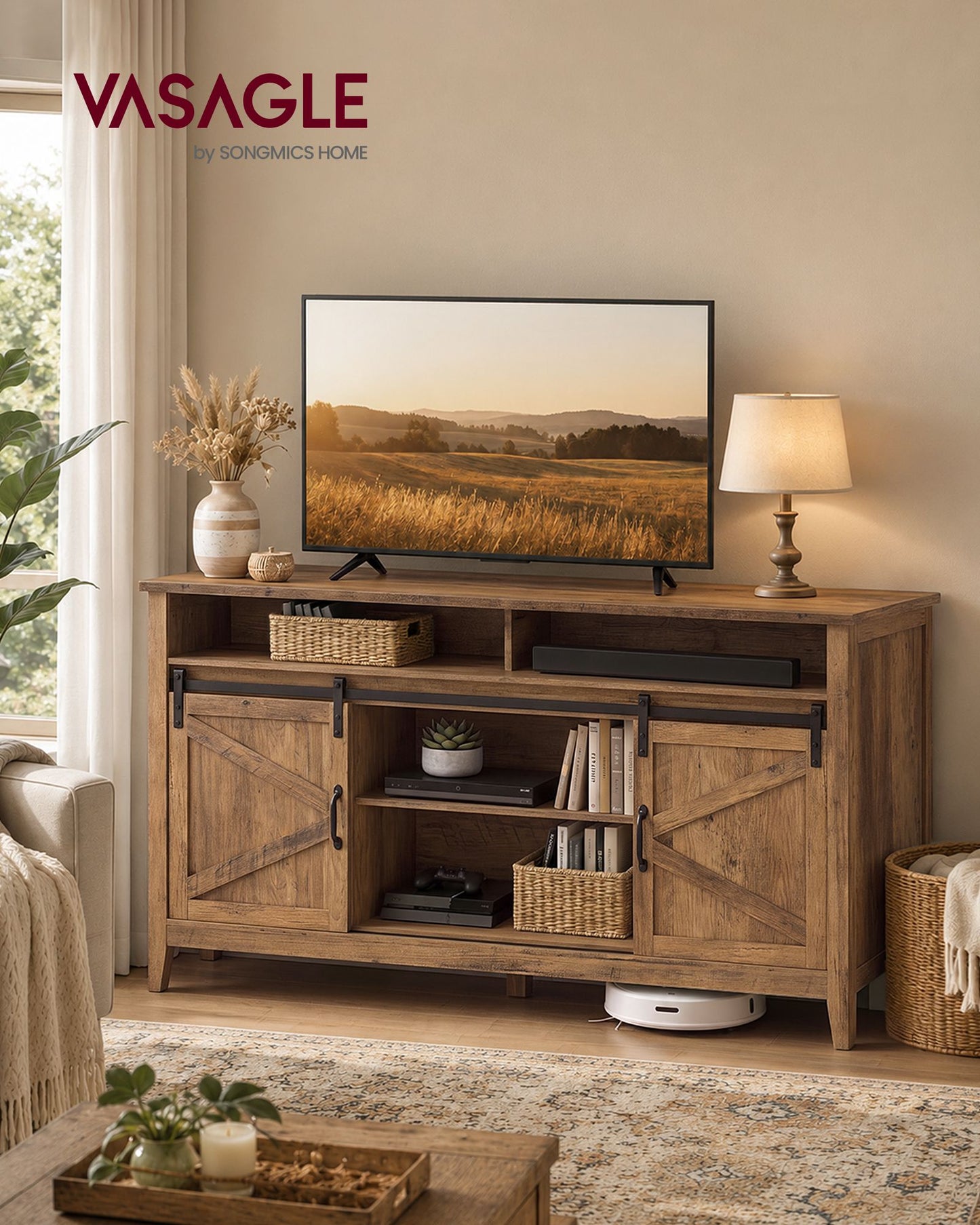 VASAGLE Tall Farmhouse TV Stand with Door and Storage Cabinet – Honey Brown