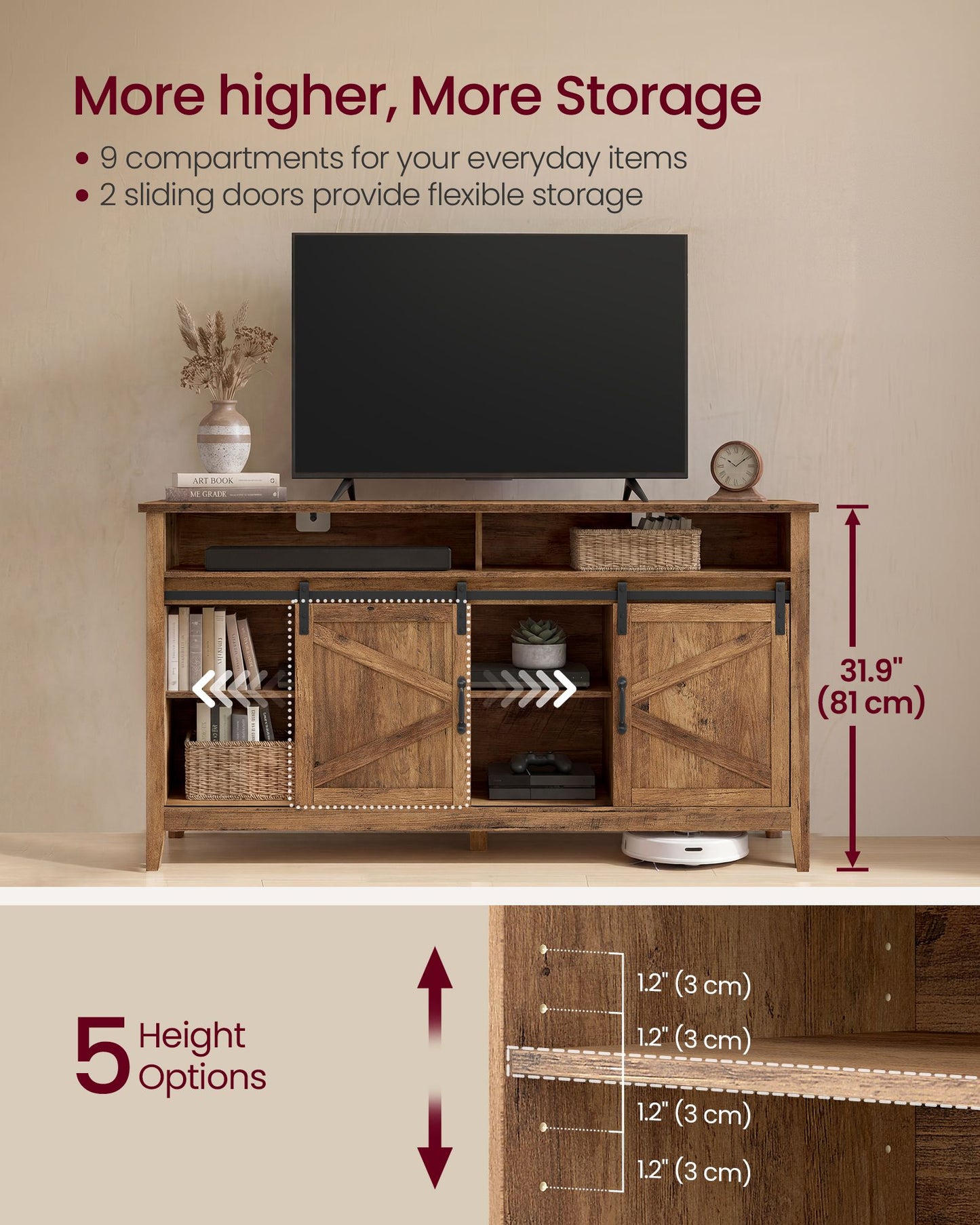 VASAGLE Tall Farmhouse TV Stand with Door and Storage Cabinet – Honey Brown