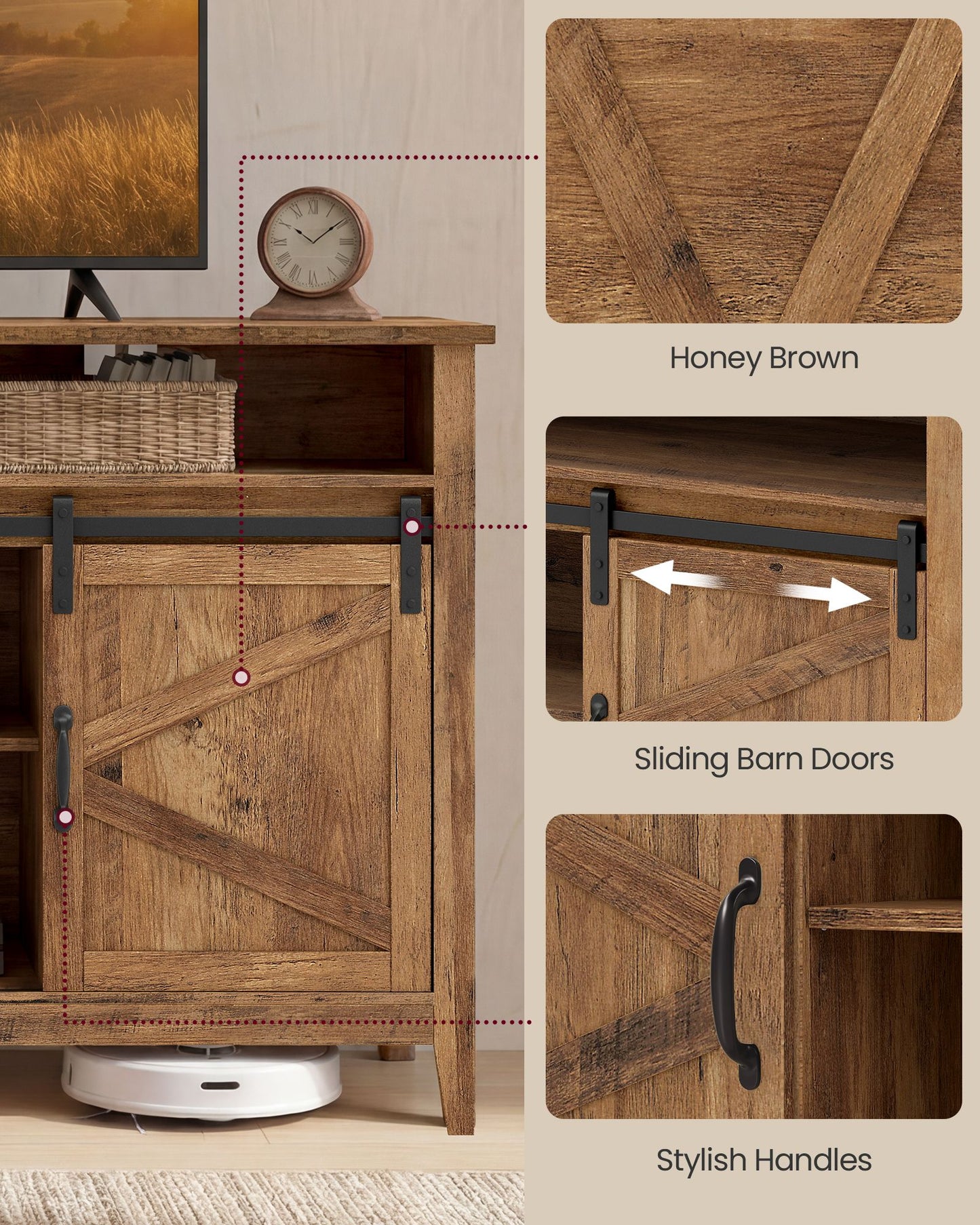 VASAGLE Tall Farmhouse TV Stand with Door and Storage Cabinet – Honey Brown