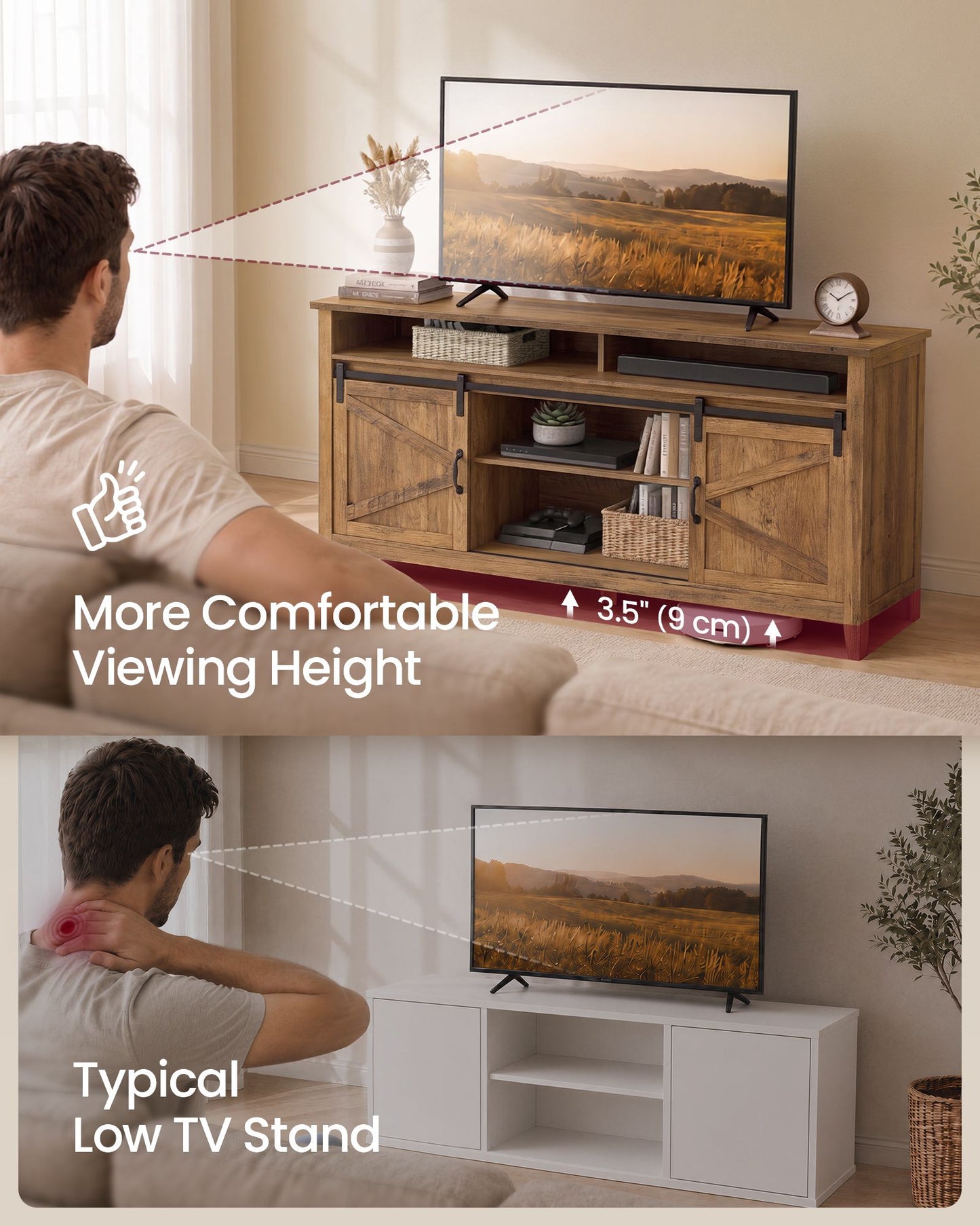 VASAGLE Tall Farmhouse TV Stand with Door and Storage Cabinet – Honey Brown