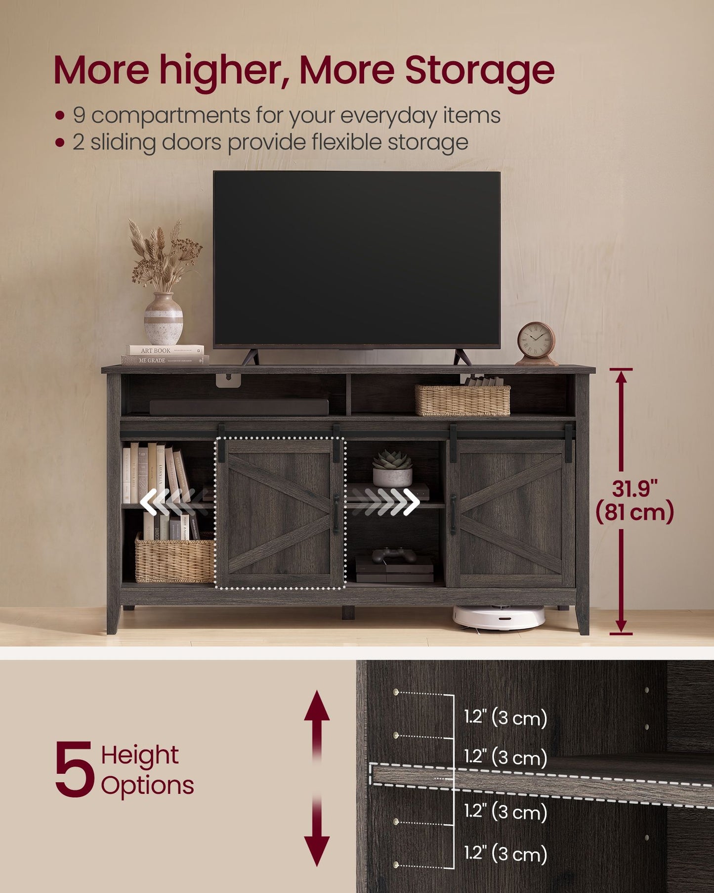 VASAGLE Tall Farmhouse TV Stand – Taupe Brown