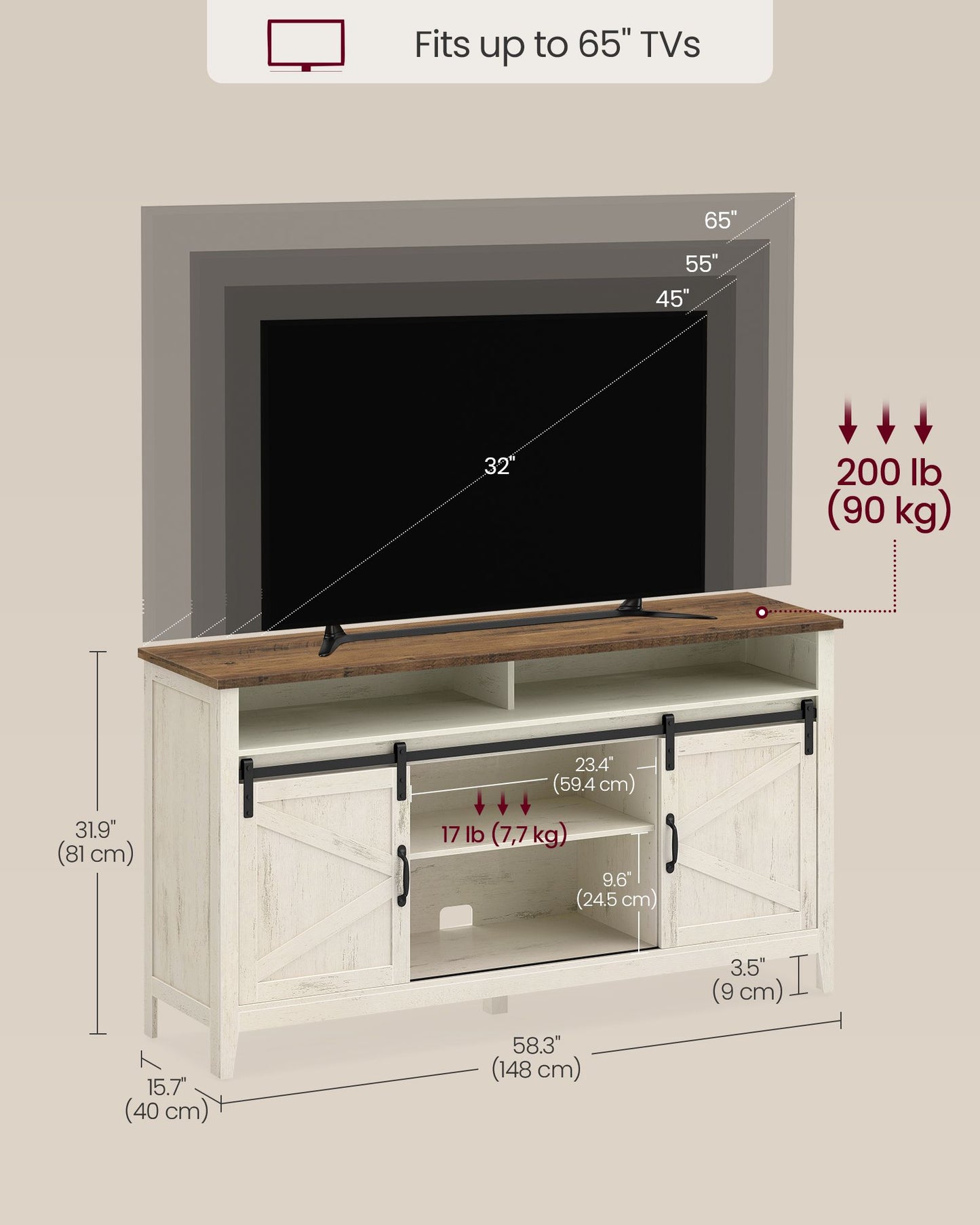 VASAGLE Tall Farmhouse TV Stand – Rustic White and Honey Brown