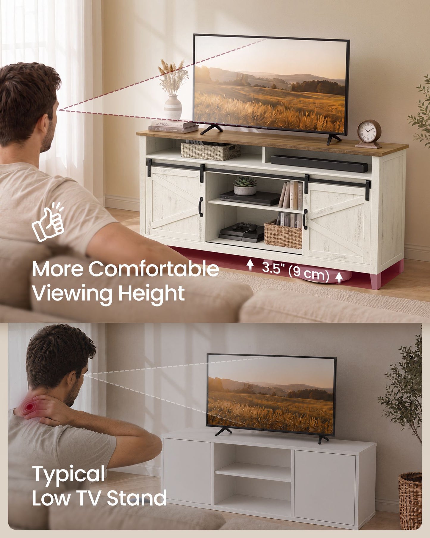 VASAGLE Tall Farmhouse TV Stand – Rustic White and Honey Brown