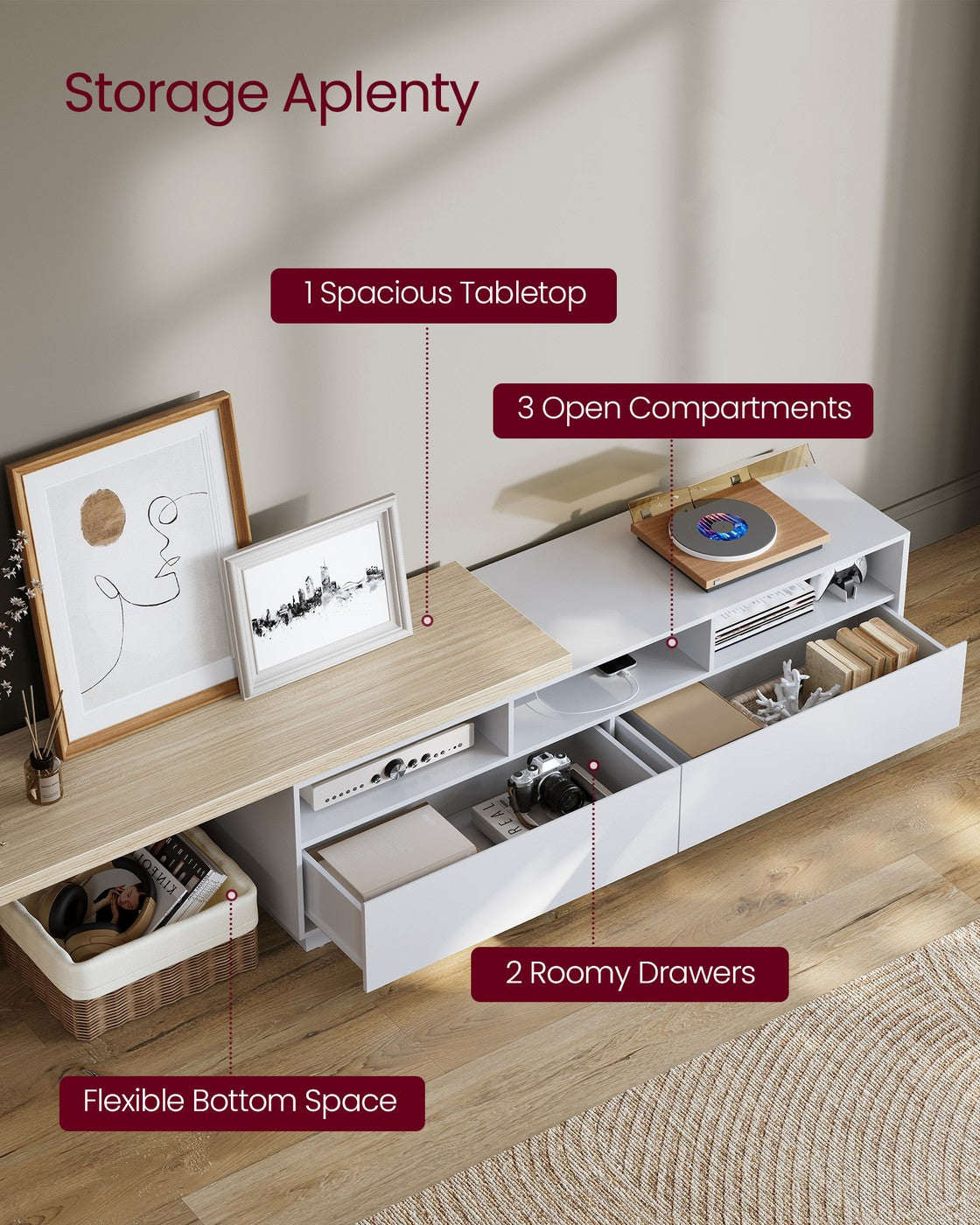 VASAGLE Kailyn TV Stand with Power Outlet – Cloud White, Natural Beige