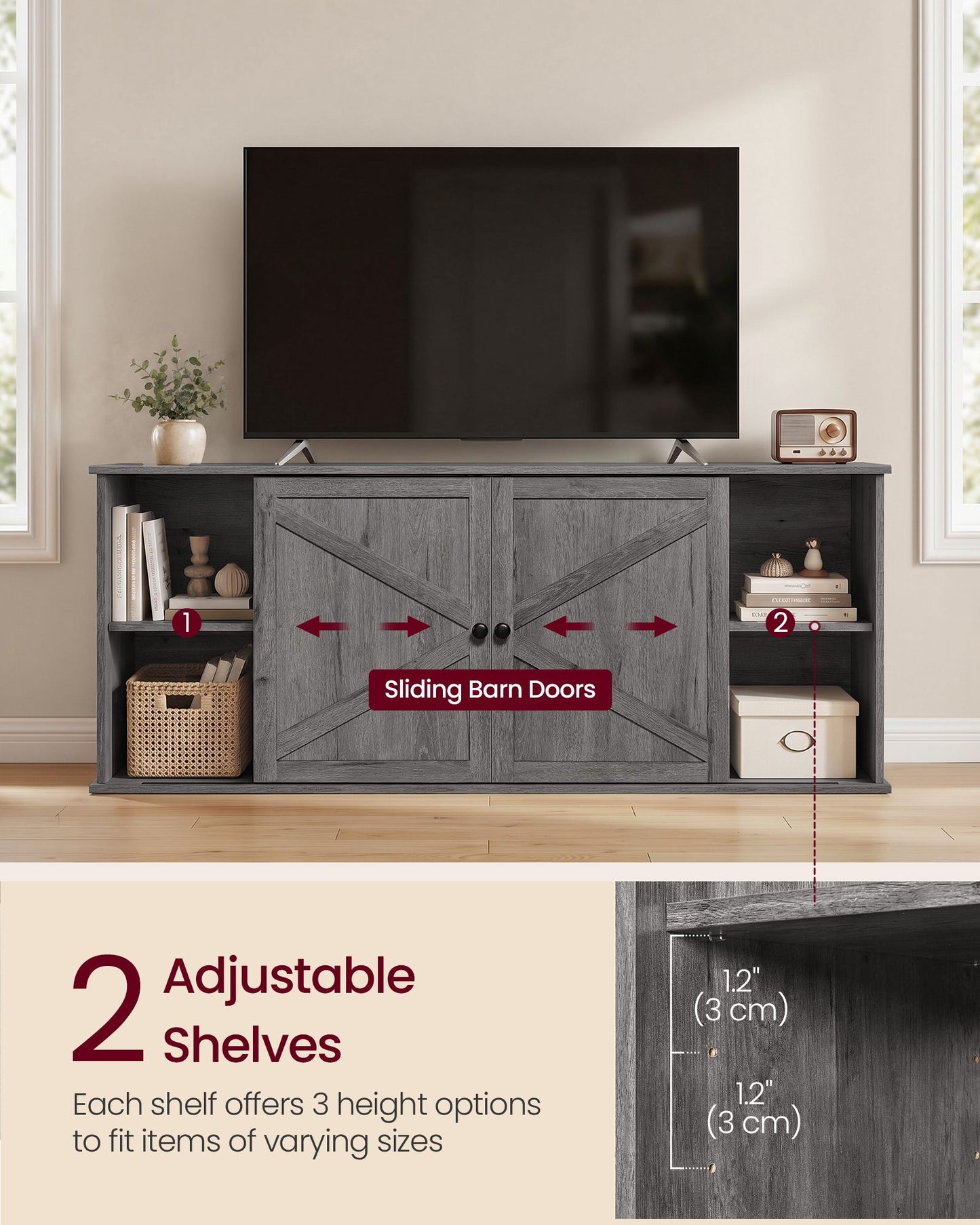 VASAGLE Farmhouse TV Stand for Tvs Up to 65 Inches – Grey