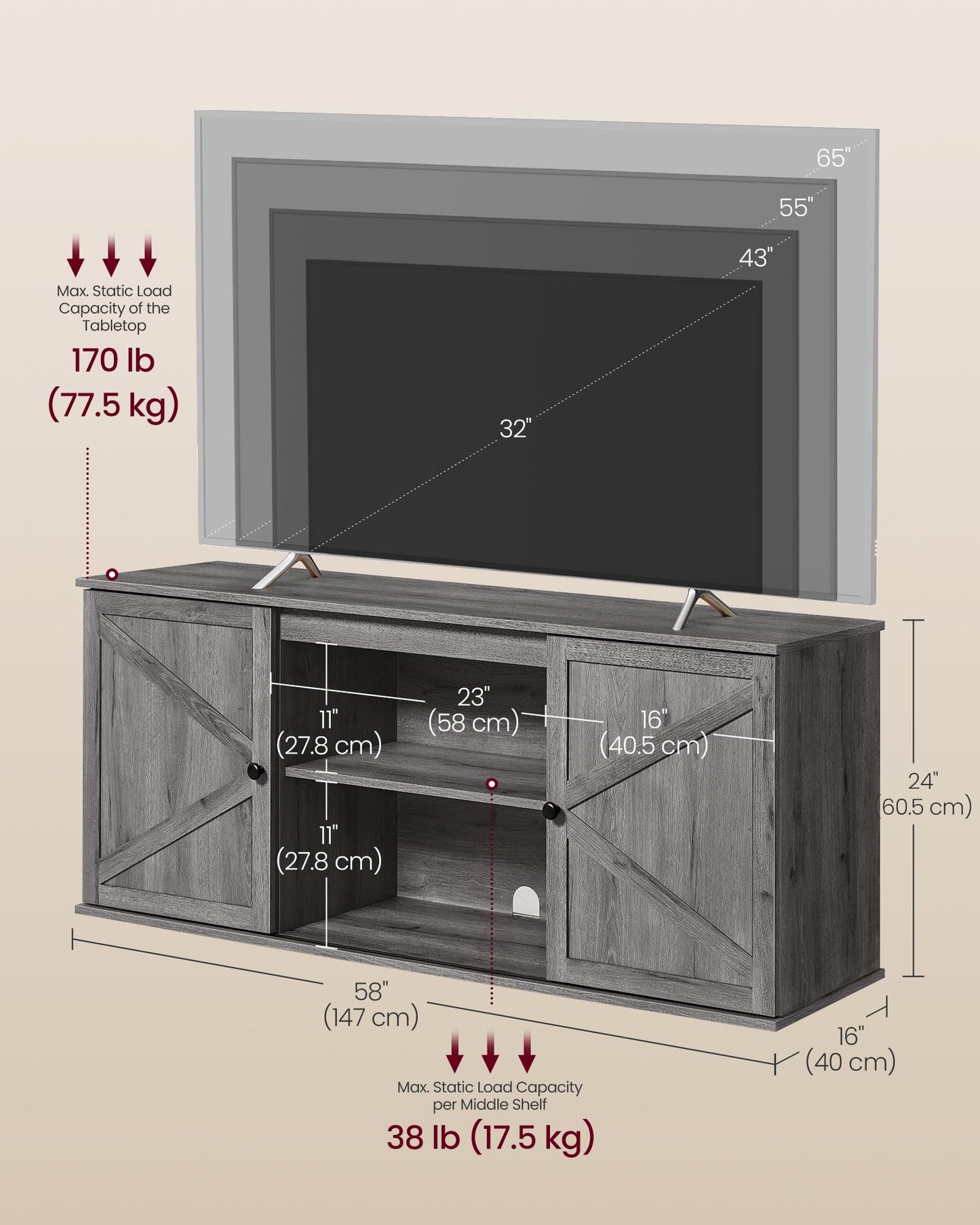 VASAGLE Farmhouse TV Stand for Tvs Up to 65 Inches – Grey