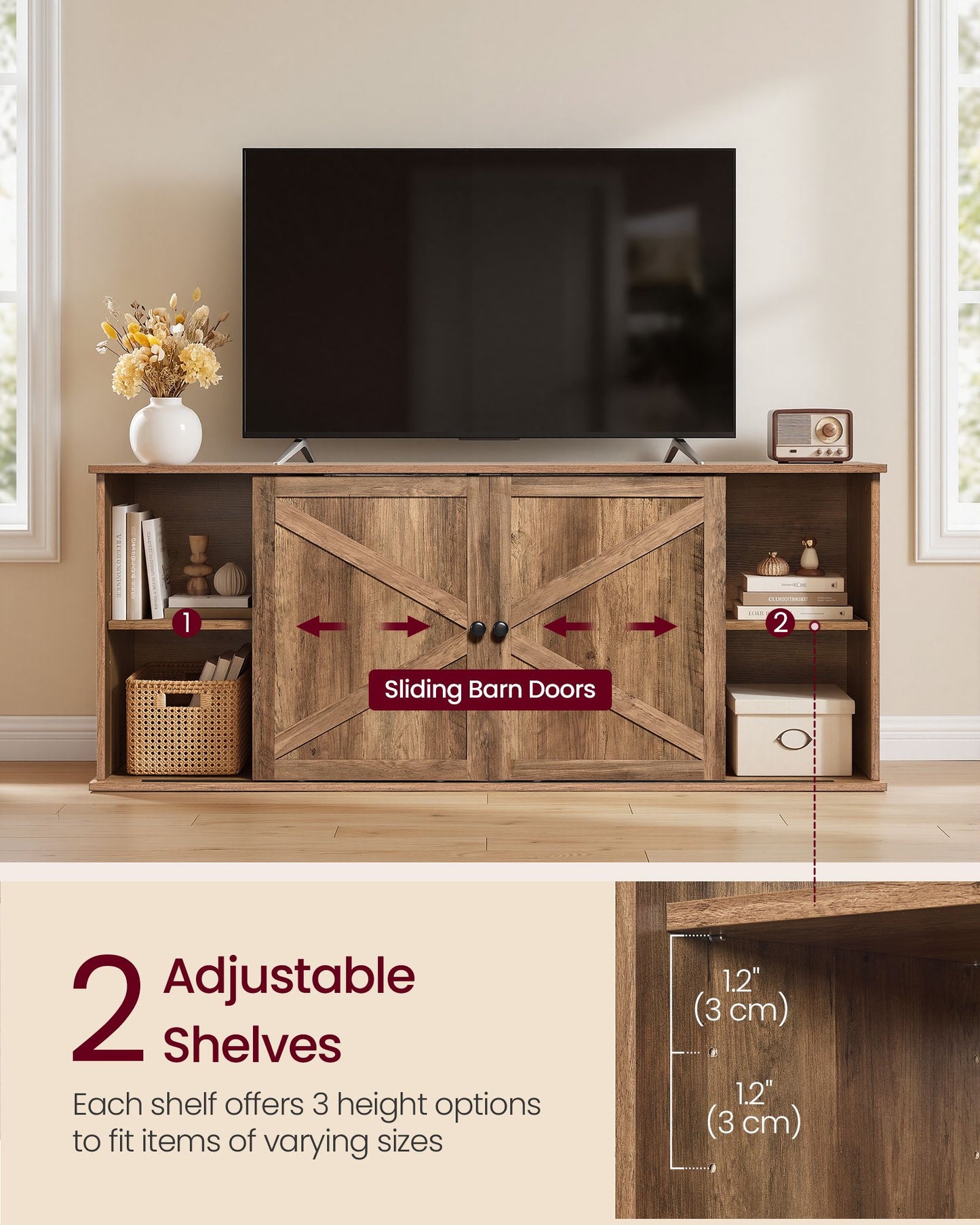 VASAGLE Farmhouse TV Stand for Tvs Up to 65 Inches – Honey Brown