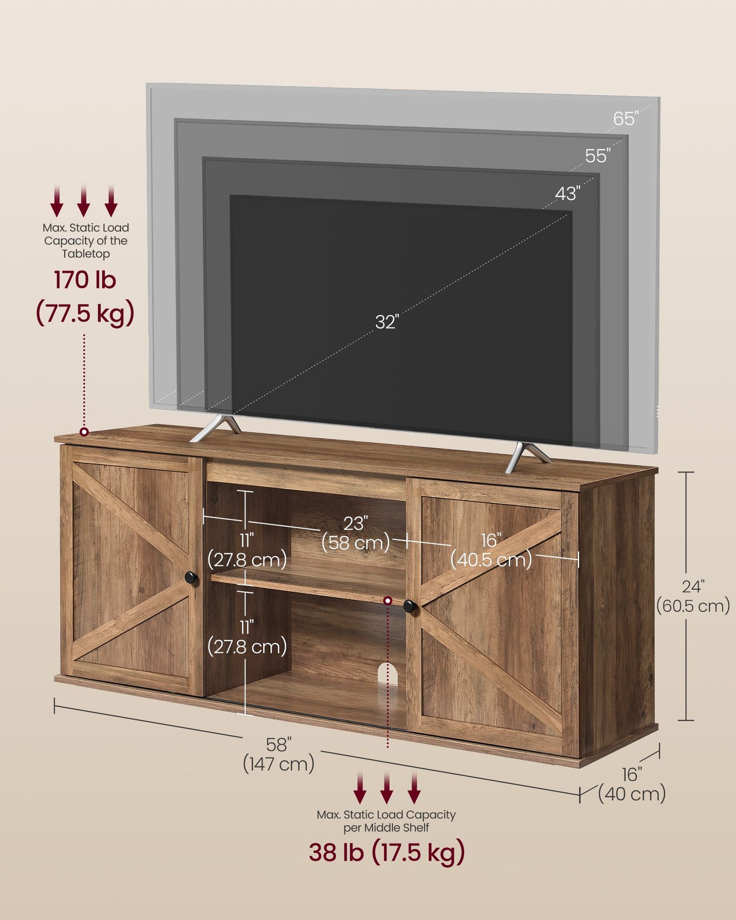 VASAGLE Farmhouse TV Stand for Tvs Up to 65 Inches – Honey Brown